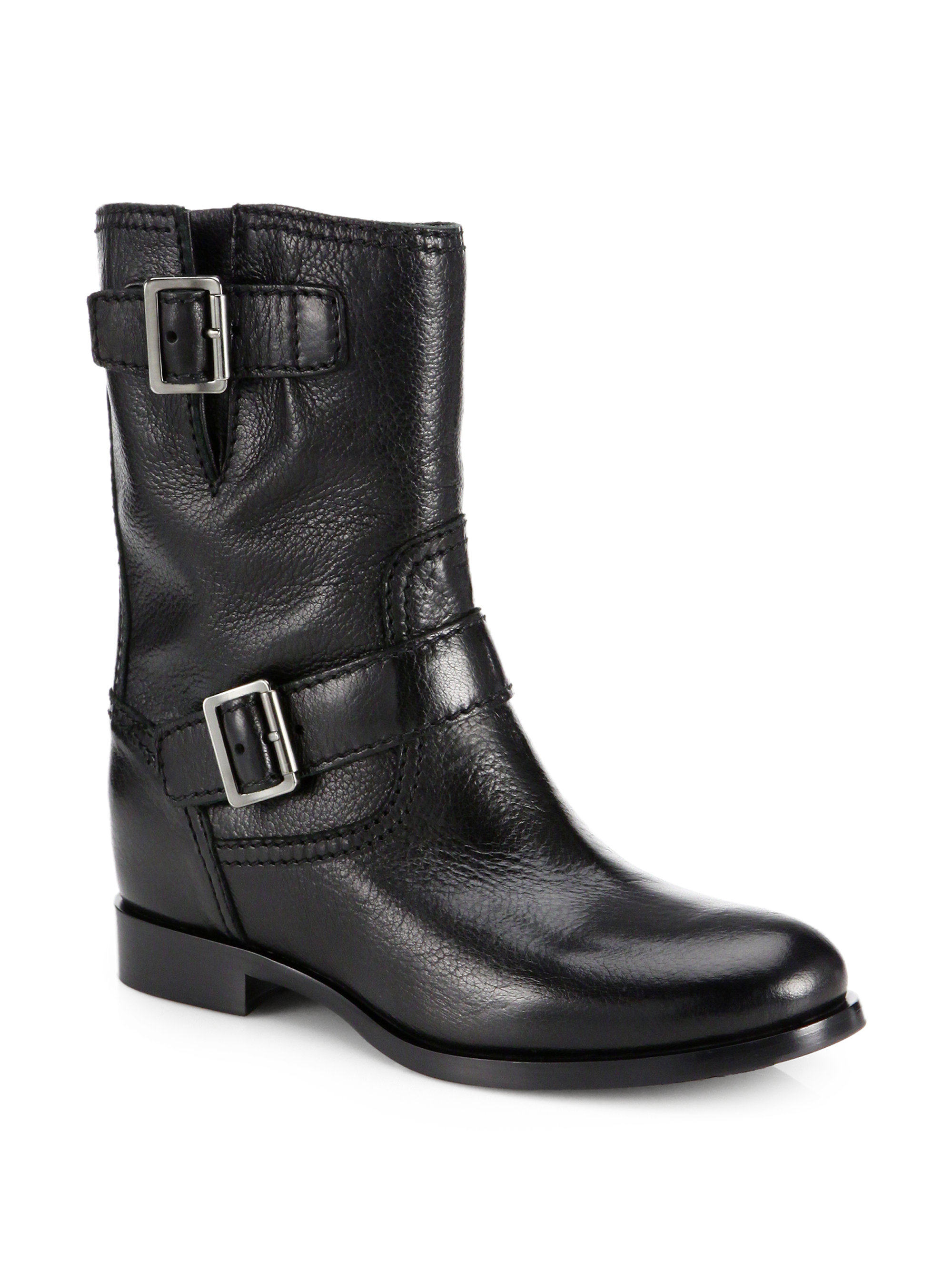 Lyst - Prada Short Leather Buckle Boots in Black
