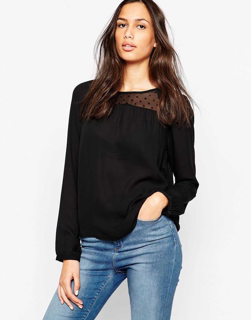 Vero moda Long Sleeve Blouse With Mesh Panel in Black | Lyst