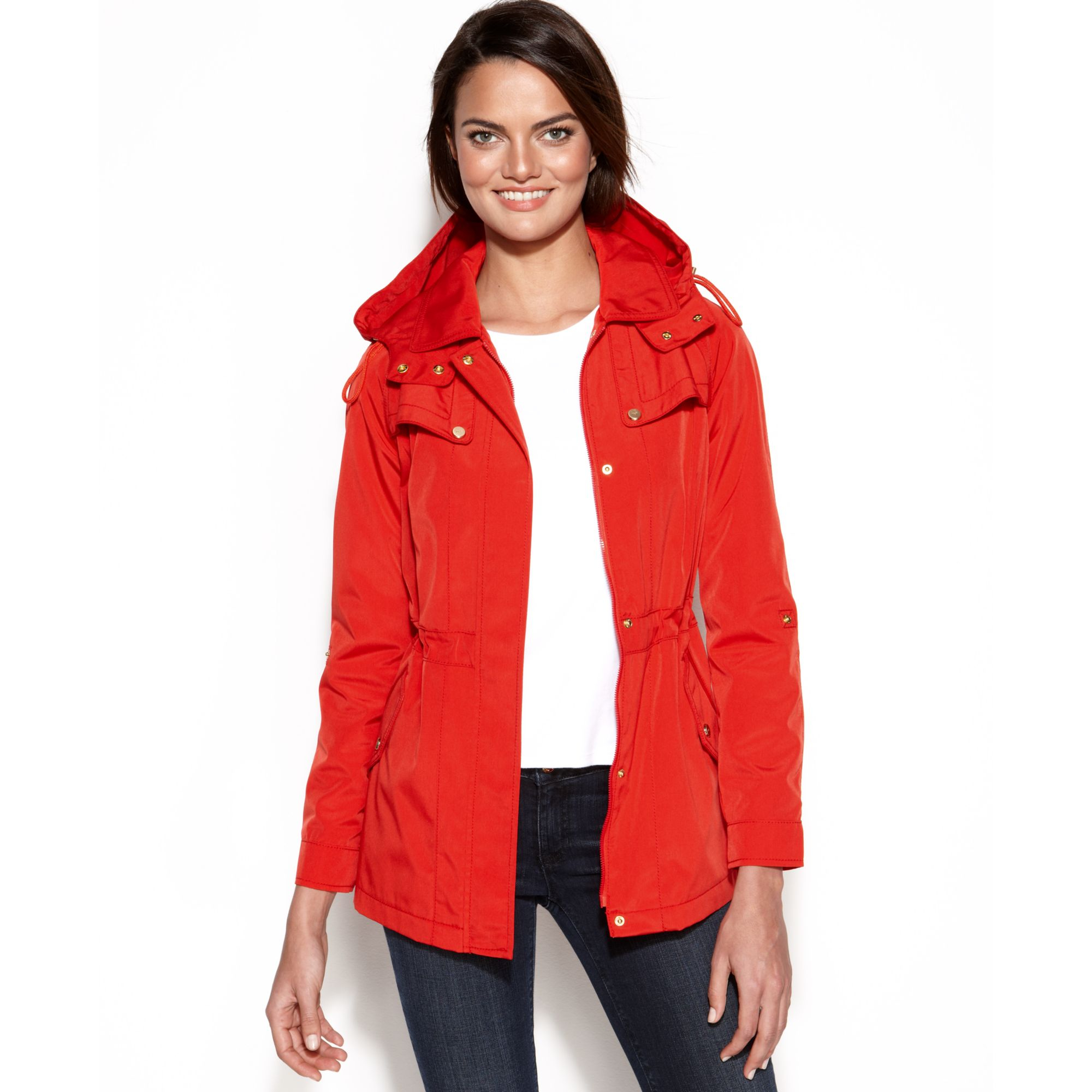 Jones New York Petite Roll Tab Sleeve Hooded Anorak in Red Lyst