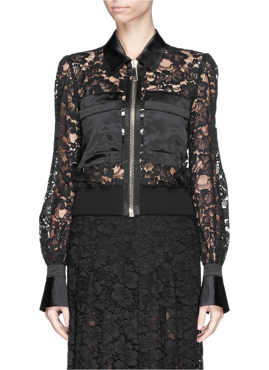 Givenchy | Black Satin Trim Guipure Lace Bomber Jacket | Lyst