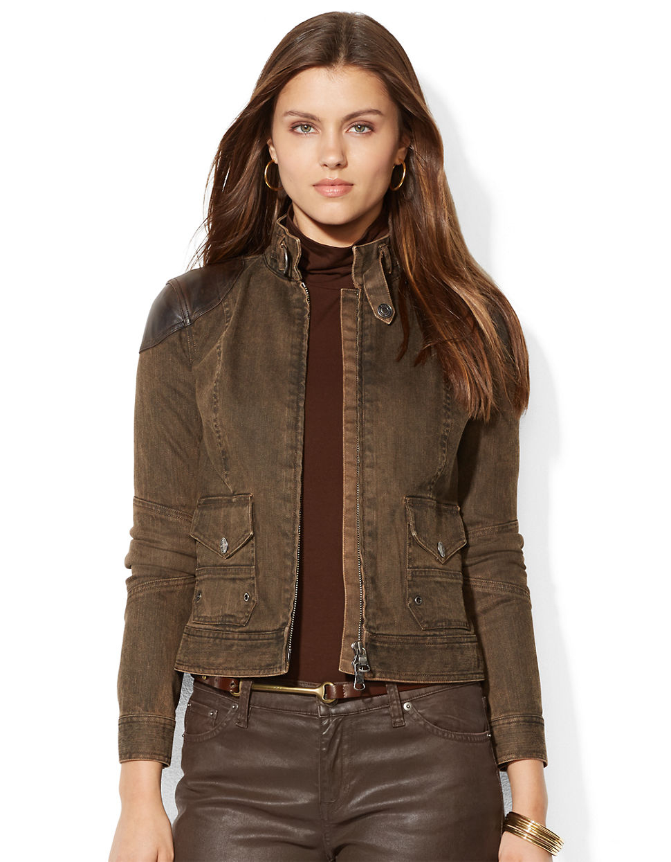 Lauren by ralph lauren Leather Trim Denim Jacket in Brown | Lyst