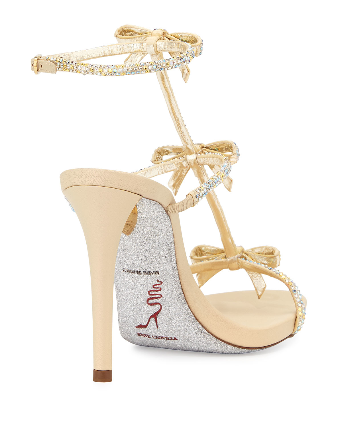 Lyst Rene Caovilla Bow CrystalEmbellished TBar Sandals in Metallic