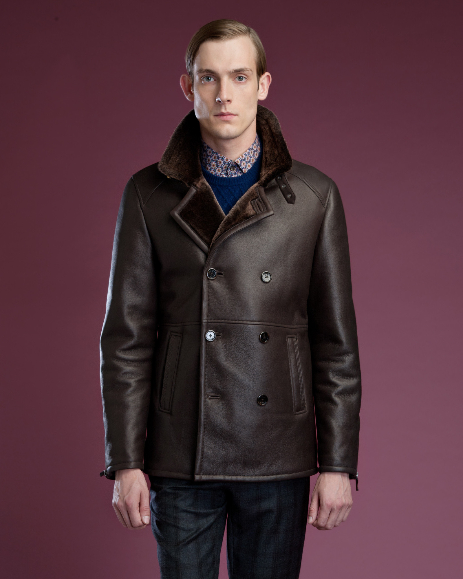 Ted Baker Deluxe Shearling Leather Pea Coat in Brown for Men | Lyst