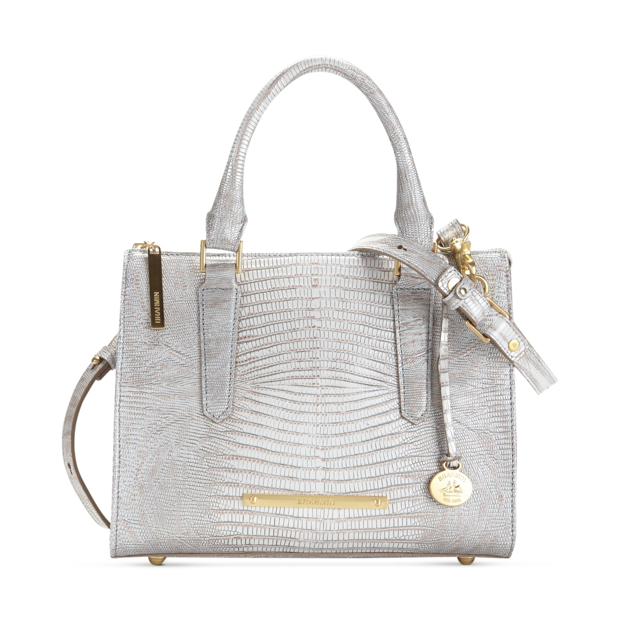 Brahmin Chambray Lizard Anywhere Convertible Satchel in Metallic Lyst