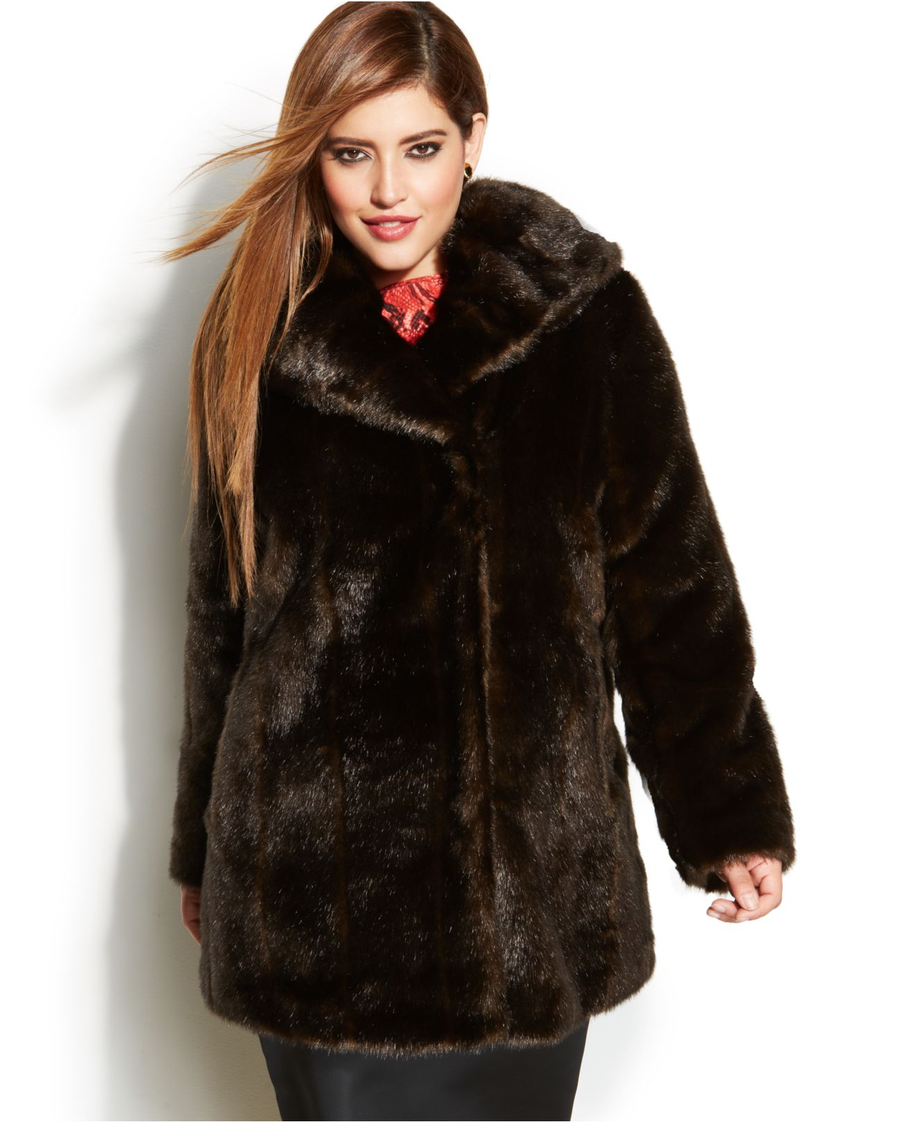 Jones new york Plus Size Faux-Fur Coat in Brown | Lyst