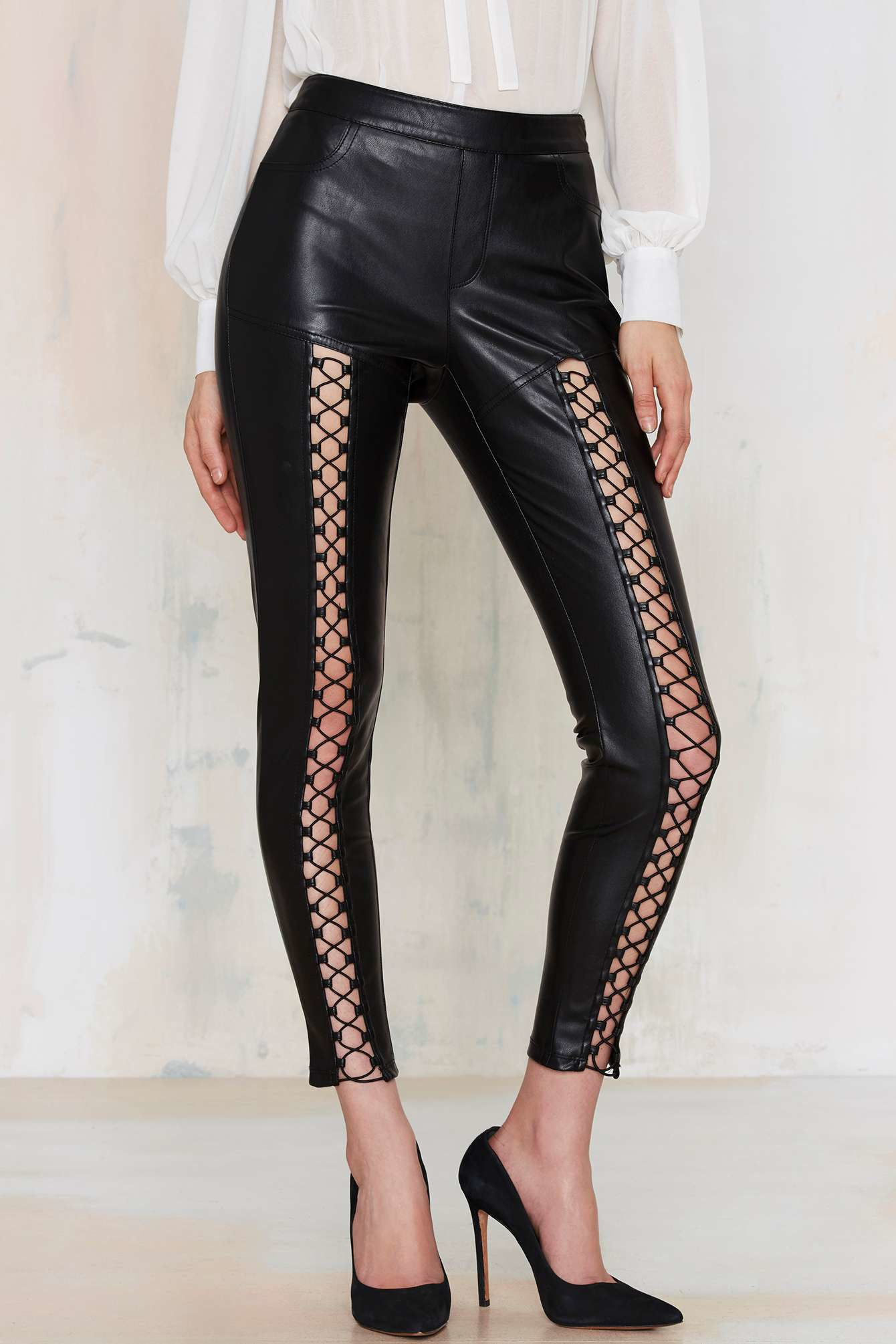 Nasty Gal Lace Cadet Vegan Leather Leggings in Black - Lyst