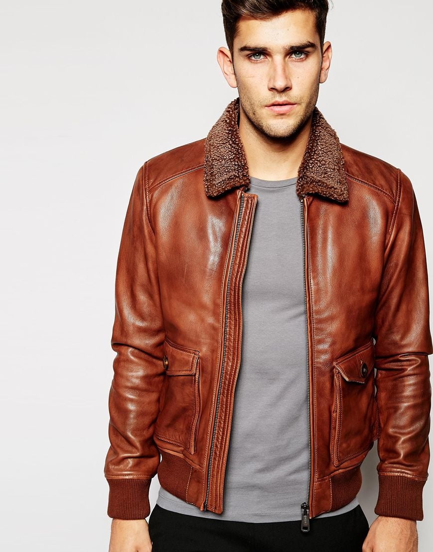 Esprit Brown Leather Flight Jacket With Sherpa Collar For Men