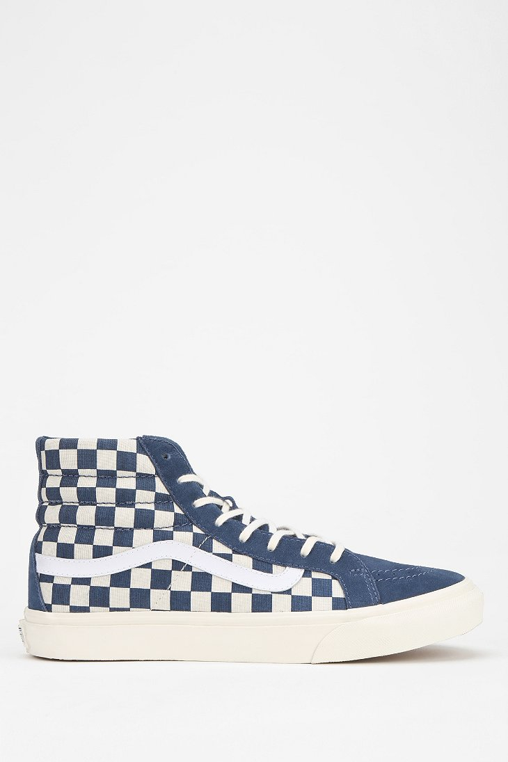 blue and white checkered high top vans