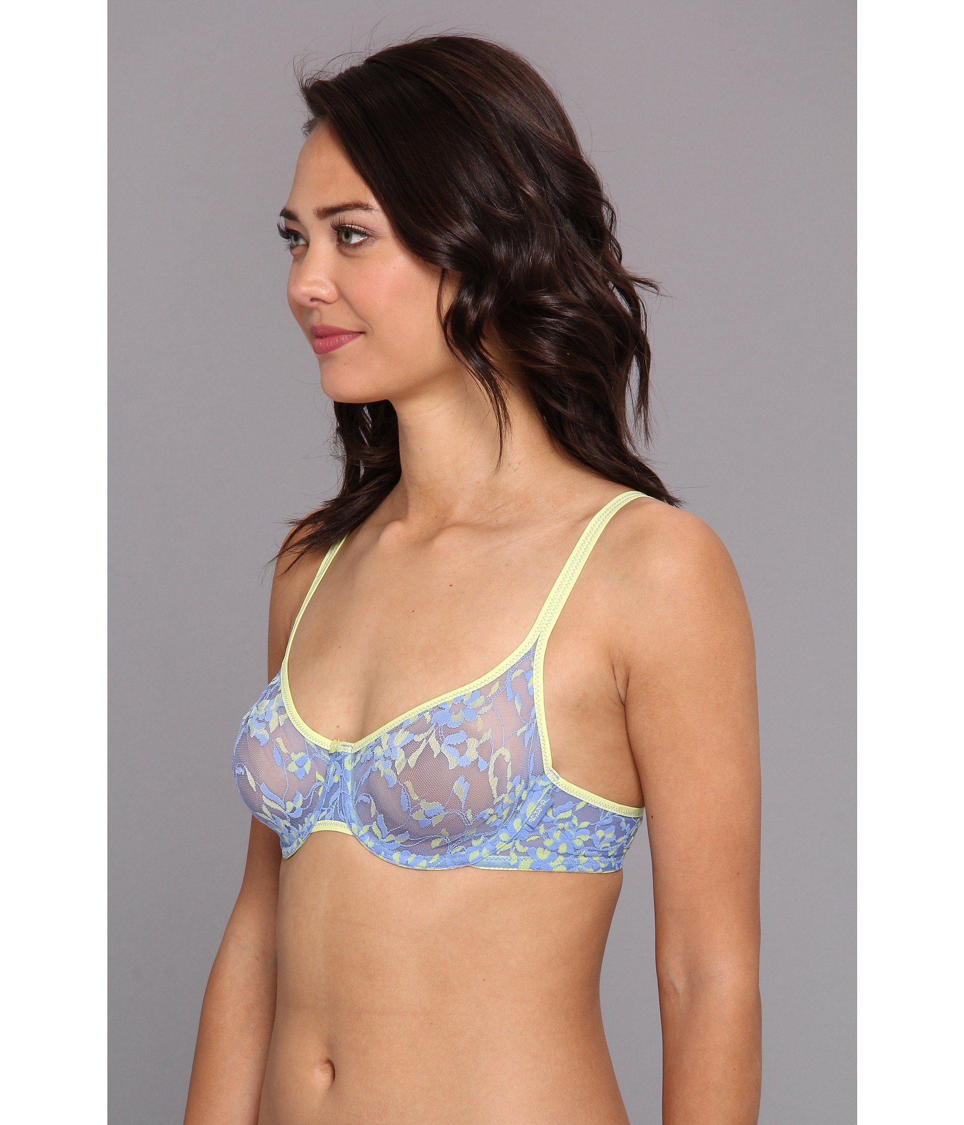 Dkny Signature Lace Unlined Demi Bra In Blue Peri/Lemonsicle.