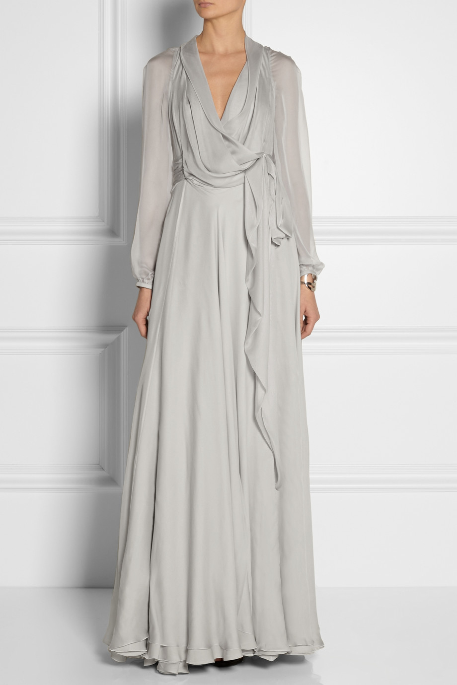 Saint Laurent Wrap-Effect Silk-Mousseline Gown in Gray - Lyst