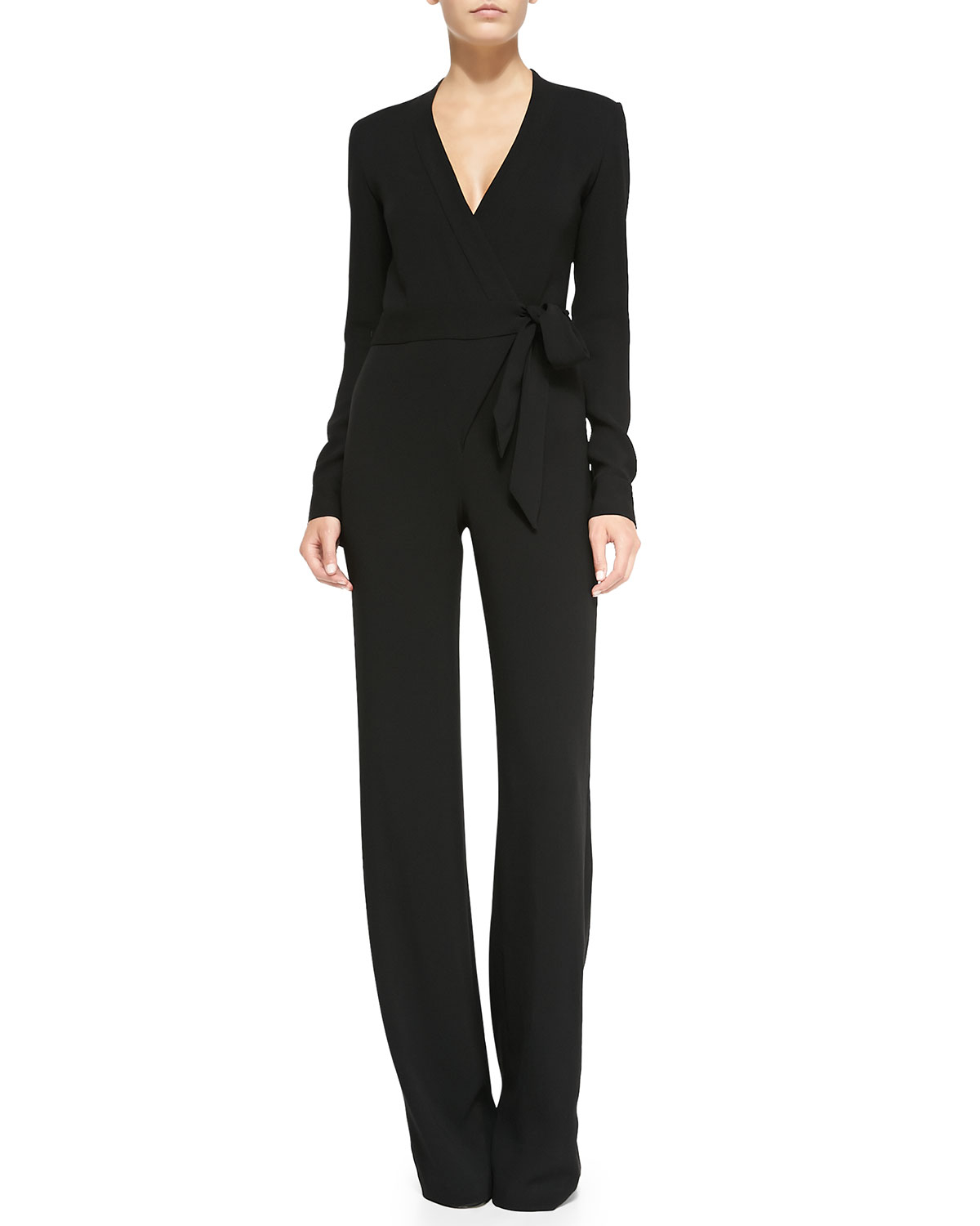 Diane von furstenberg Long-sleeve Jersey Wrap Jumpsuit in Black | Lyst