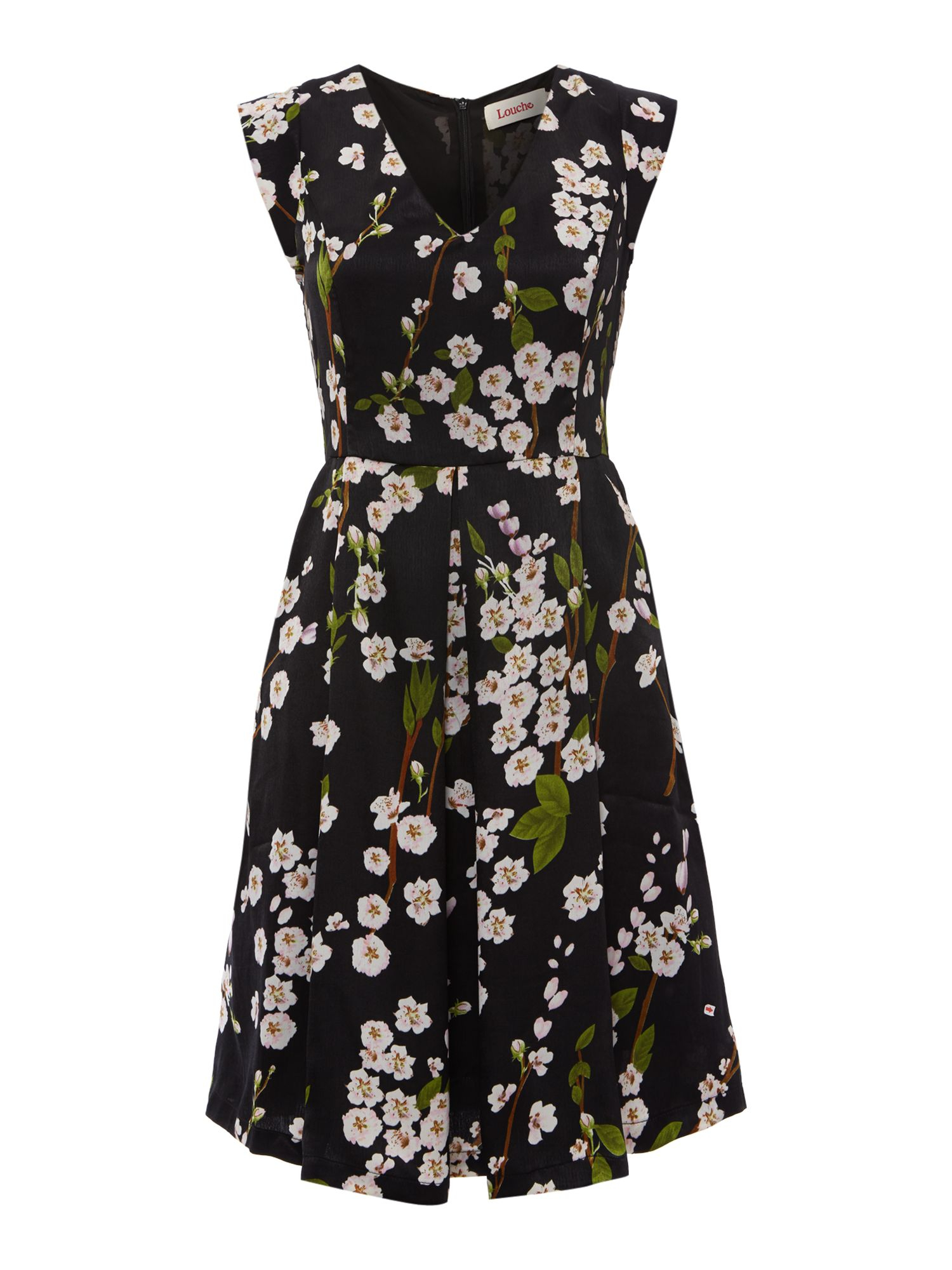 Louche Cap Sleeve Floral Print A Line Dress in Black | Lyst