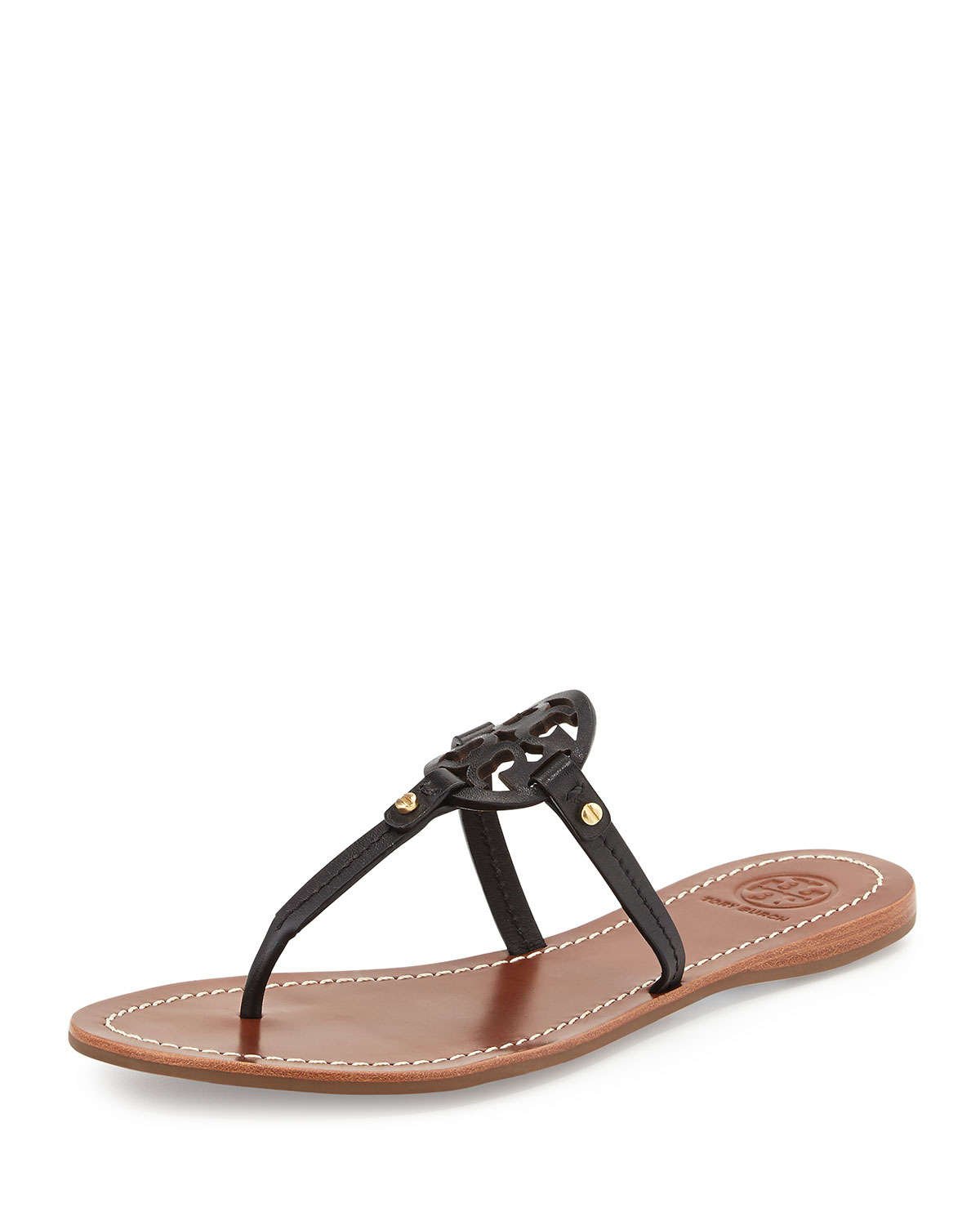 Tory Burch Mini Miller Leather Flat Thong Sandal in Black (White) - Lyst