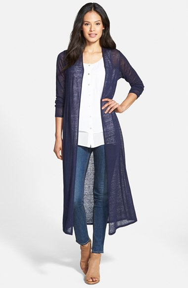 Eileen Fisher Full Length Sheer Hemp Blend Cardigan In Midnight