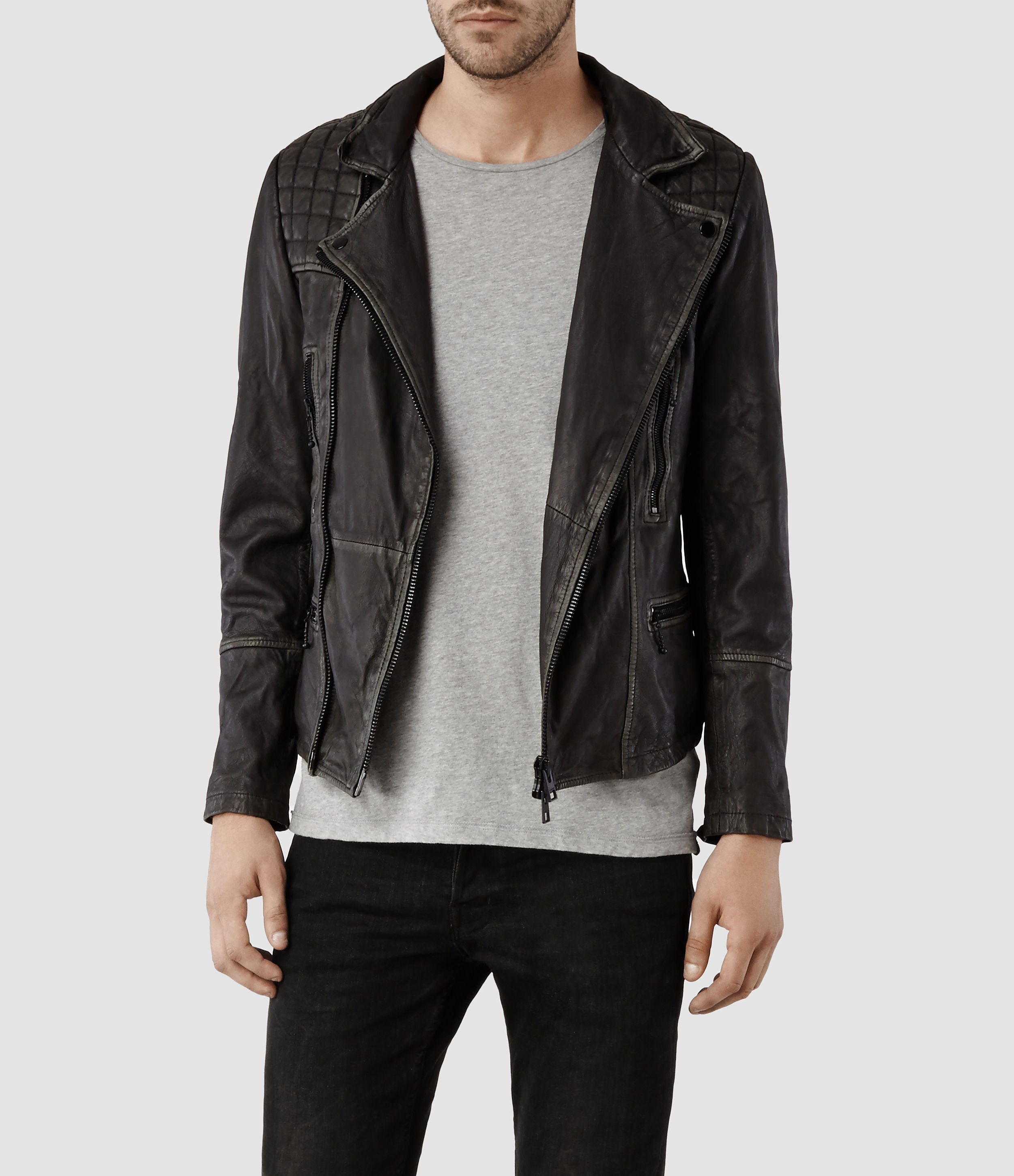 Allsaints Cargo Leather Biker Jacket Usa Usa in Black | Lyst