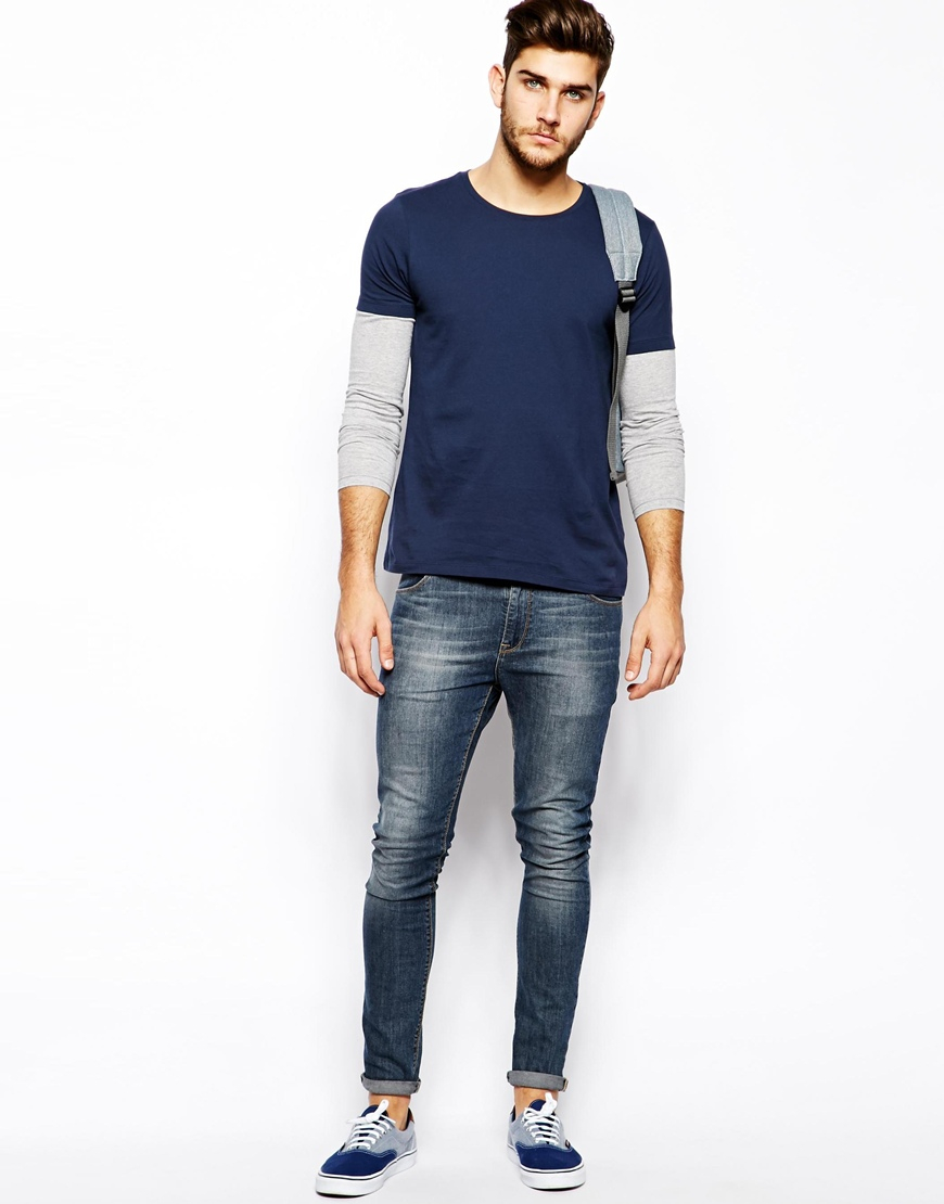 ASOS Long Sleeve Tshirt with Double in Blue for Lyst
