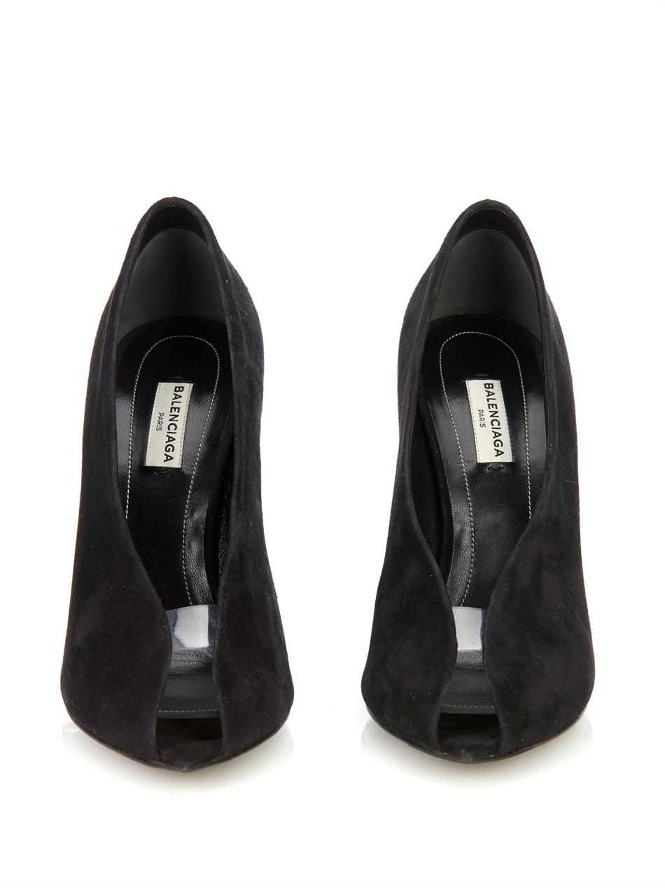 Balenciaga Suede Peep-toe Pumps in Black - Lyst
