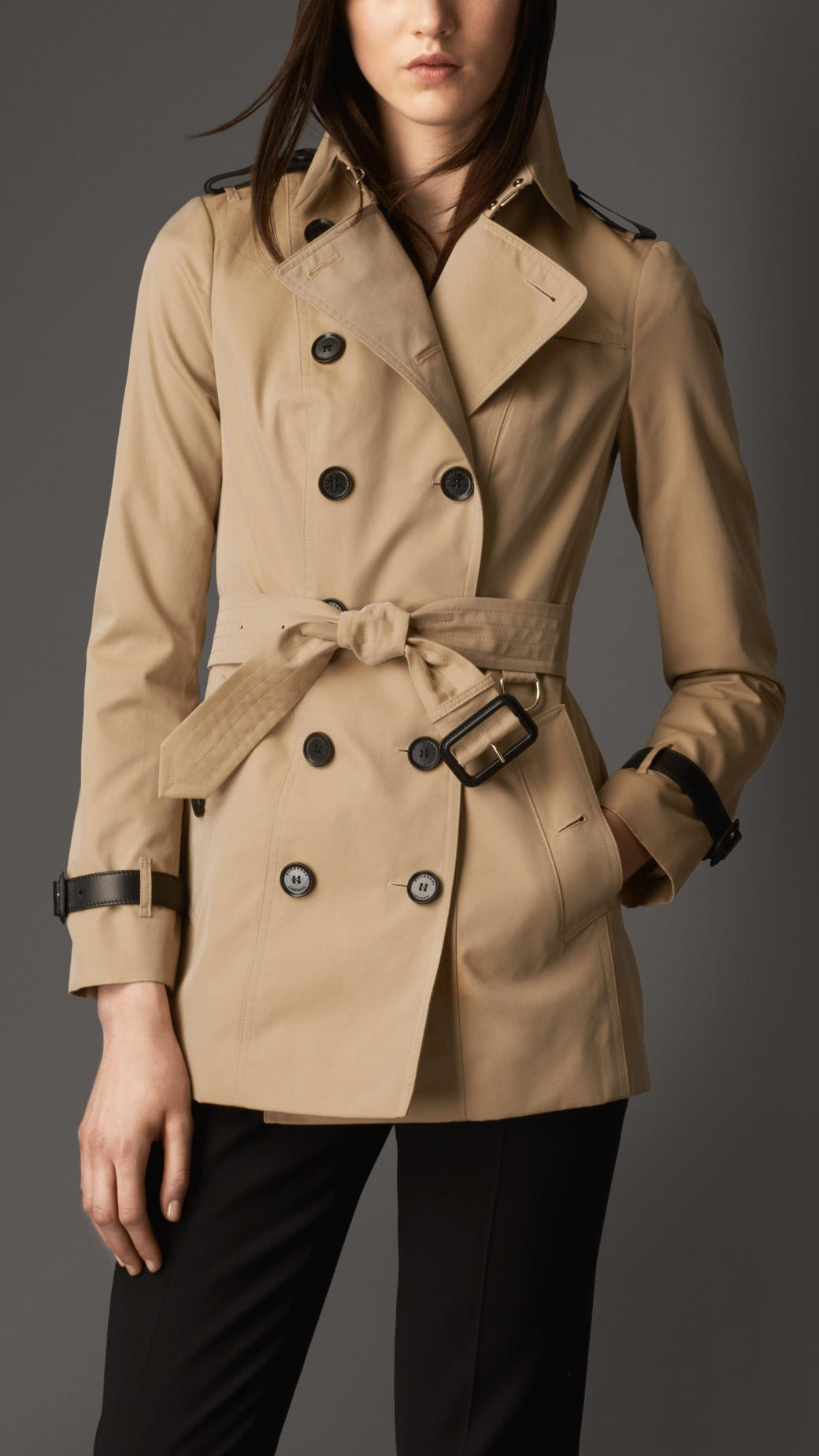 Burberry Short Leather Detail Gabardine Trench Coat in Brown | Lyst