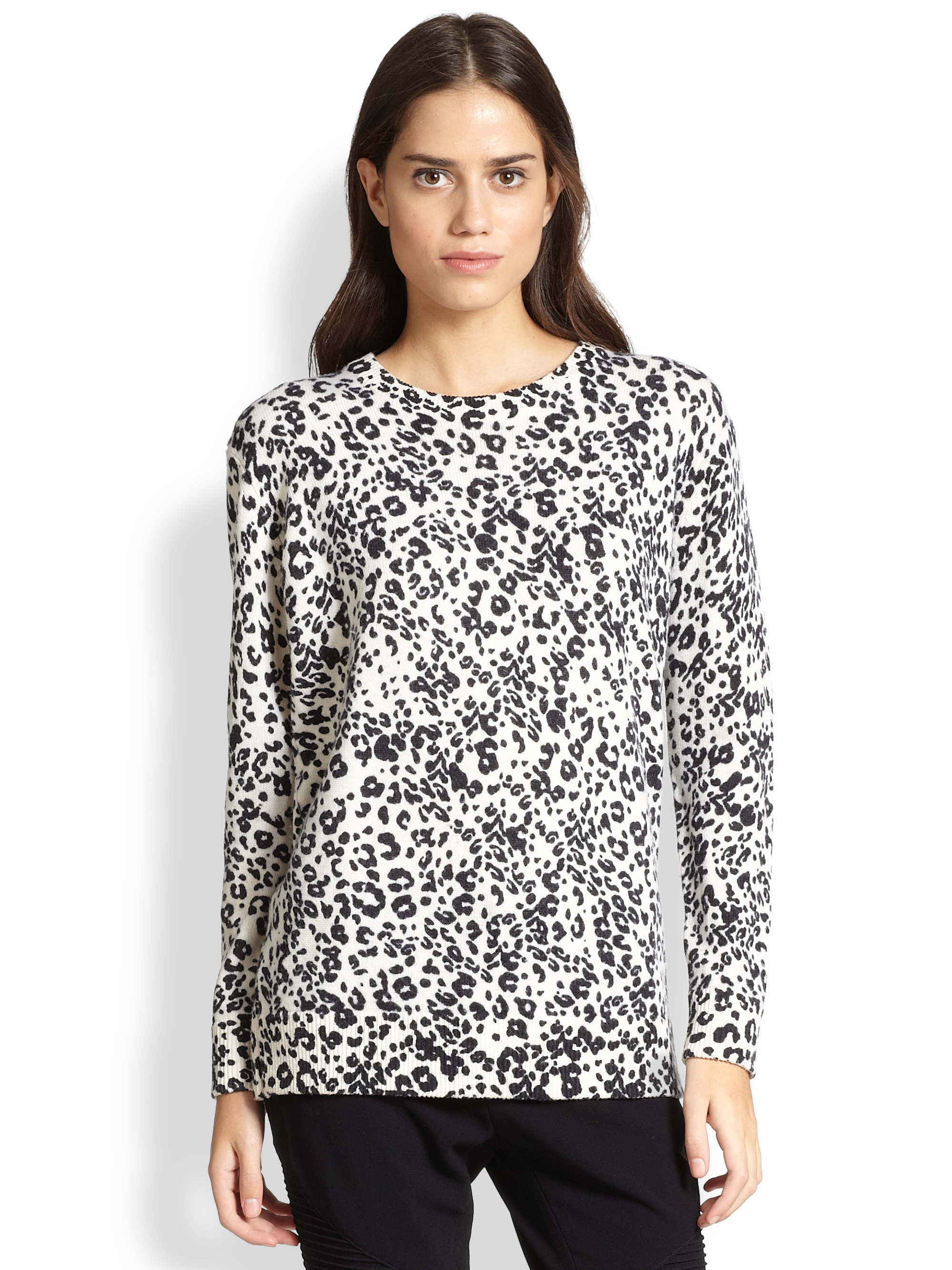 Haute hippie Crewneck Leopard Pullover Sweater in White (S/B) | Lyst