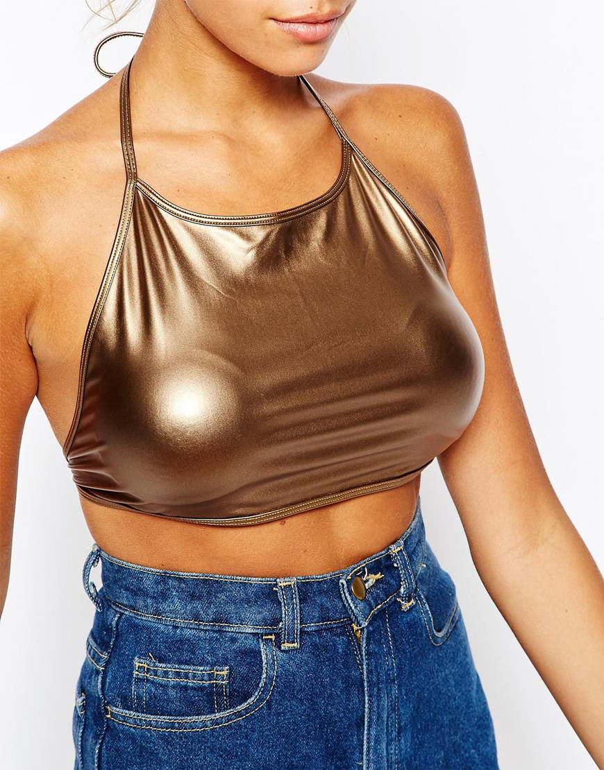 American Apparel Cropped Halter Neck Top In Metallic Gold Lyst.