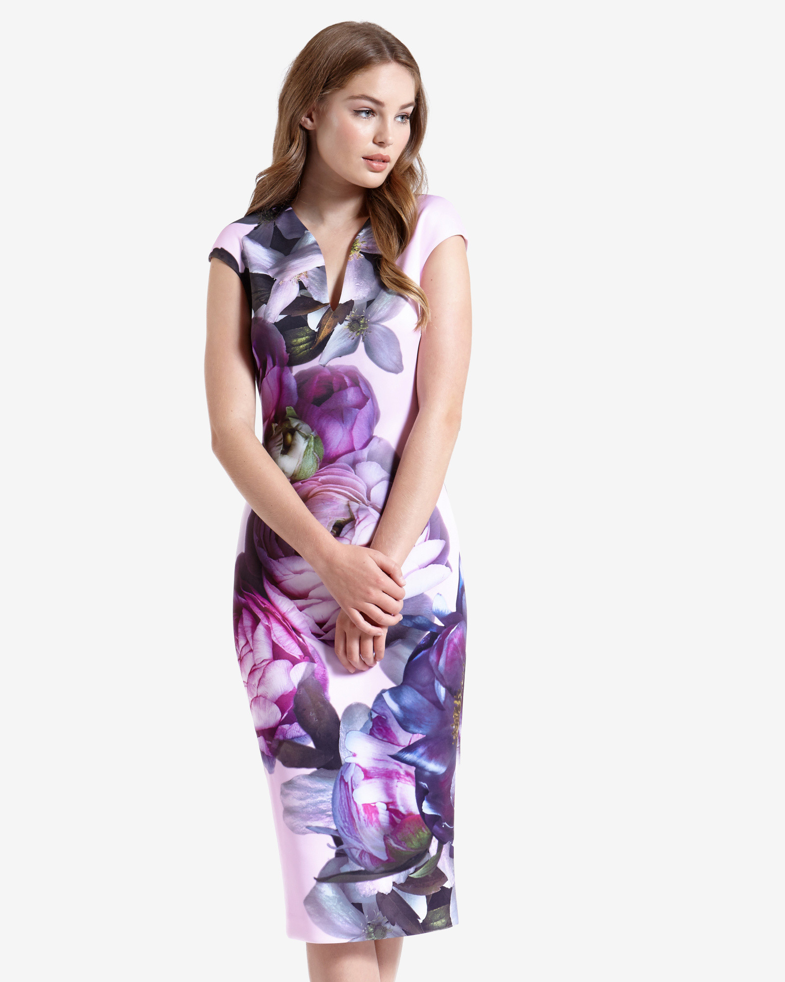 Ted Baker Sunlit Floral Midi Dress in Pink | Lyst