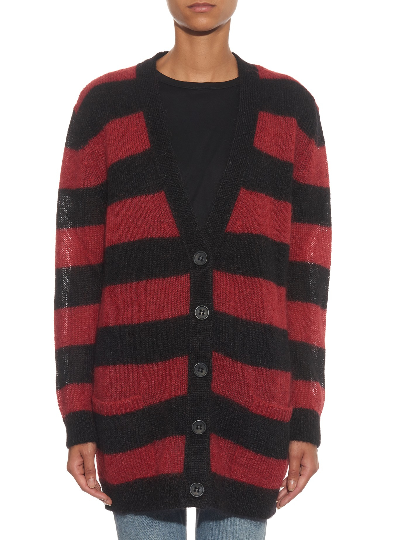 red and black striped cardigan