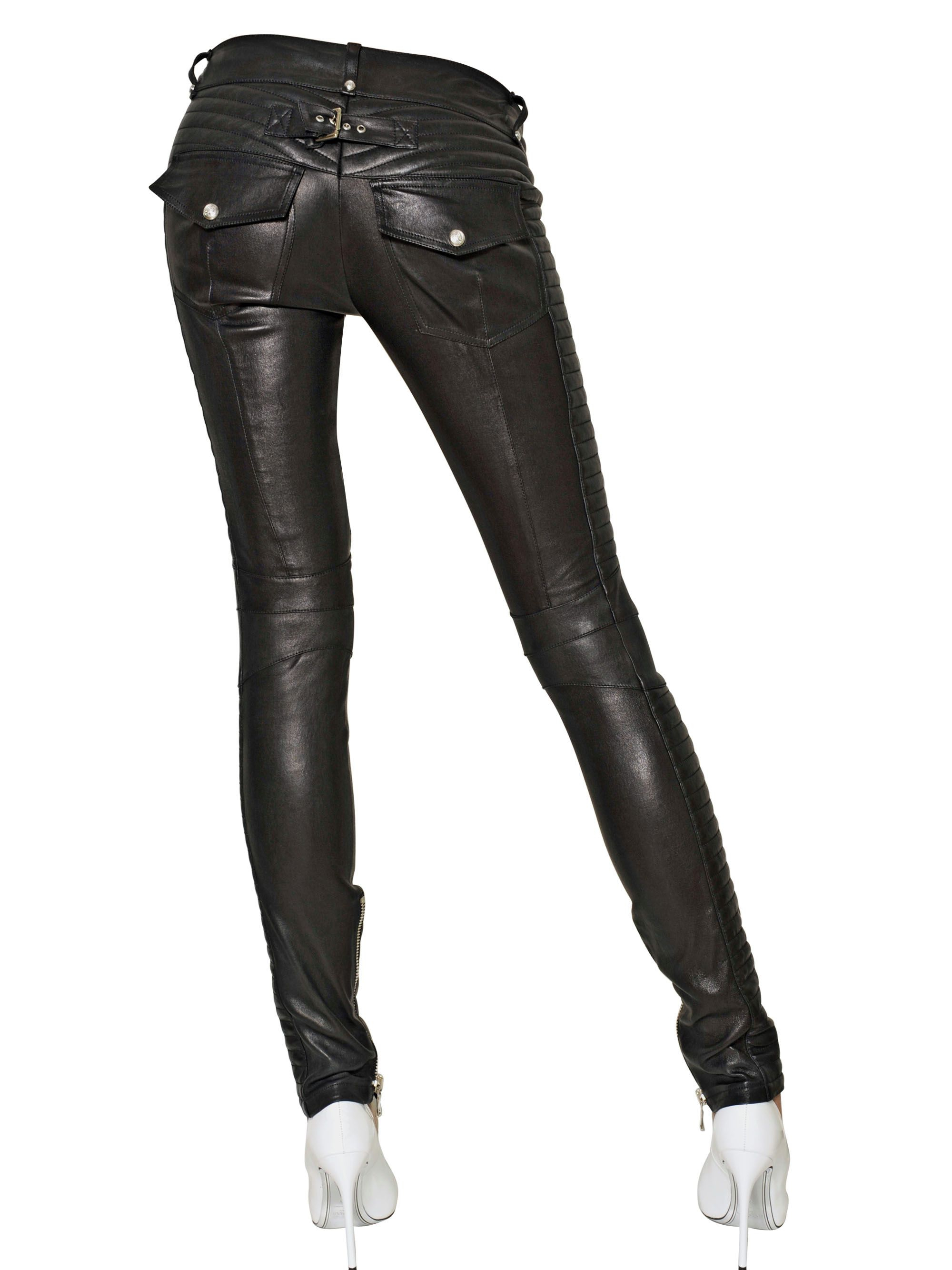 Balmain Leather Stretch Biker Trousers in Black - Lyst