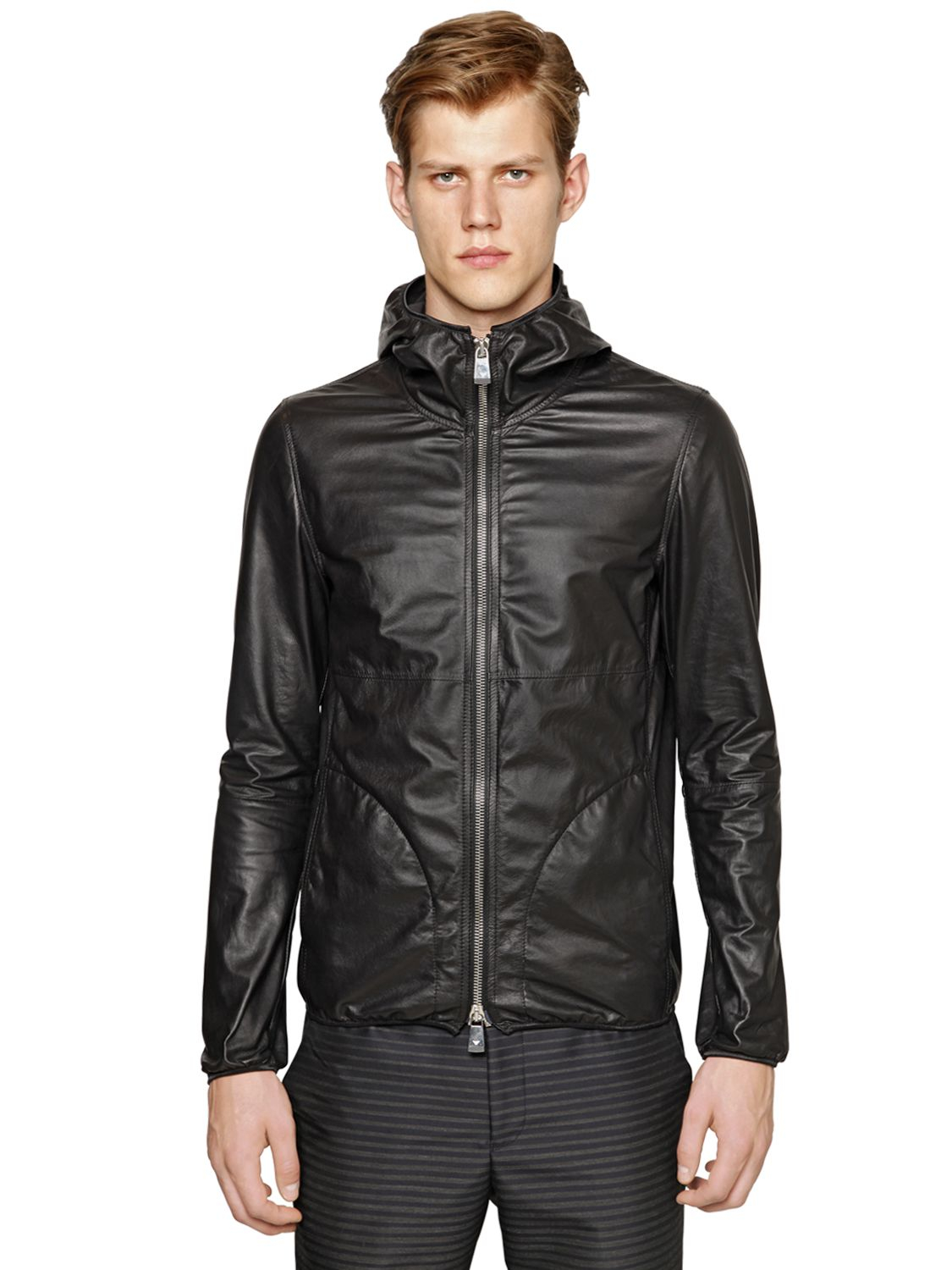 armani leather hooded jacket