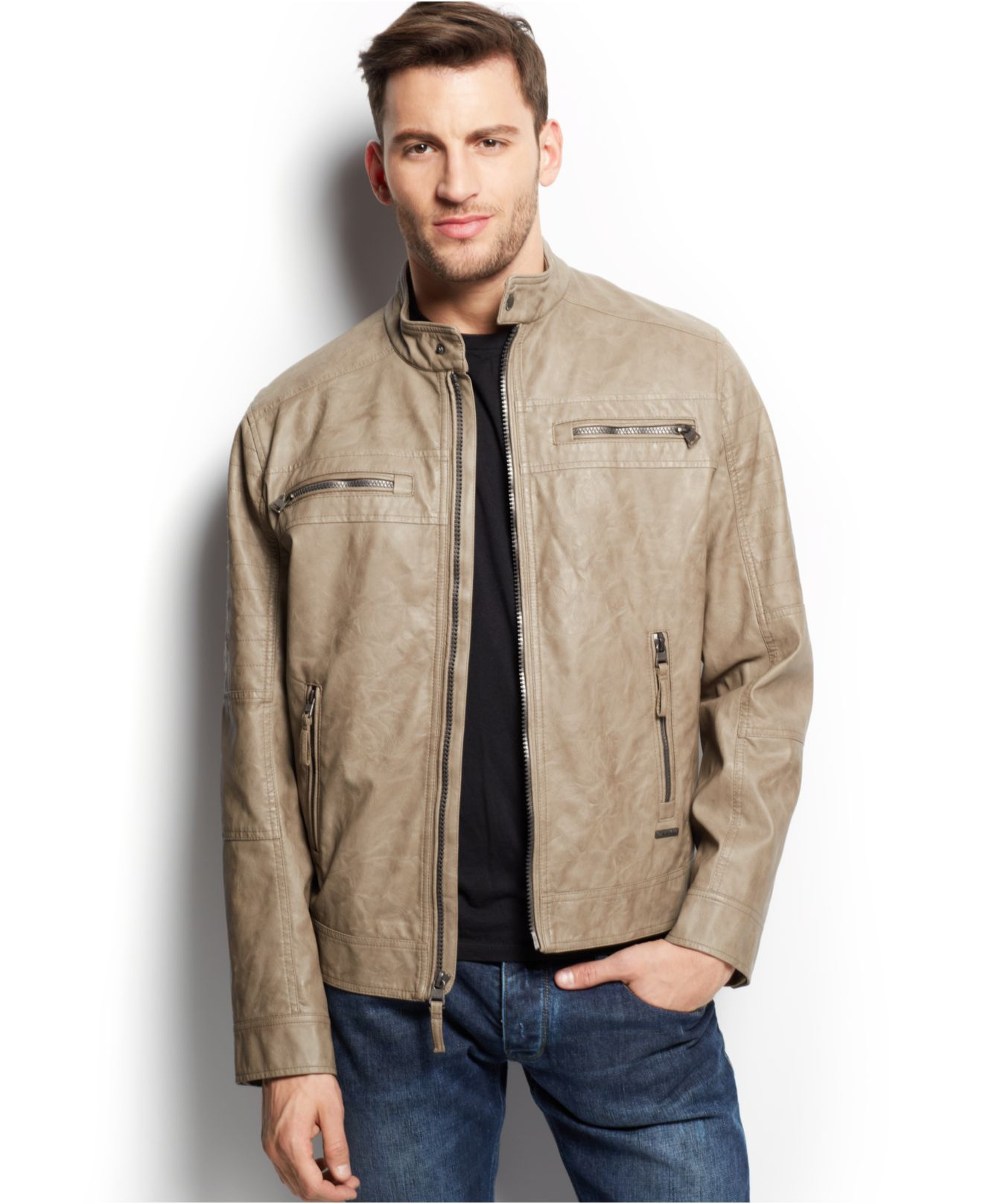 Lyst Calvin Klein Quilted Faux Leather Moto Jacket In Natural For Men Gallery