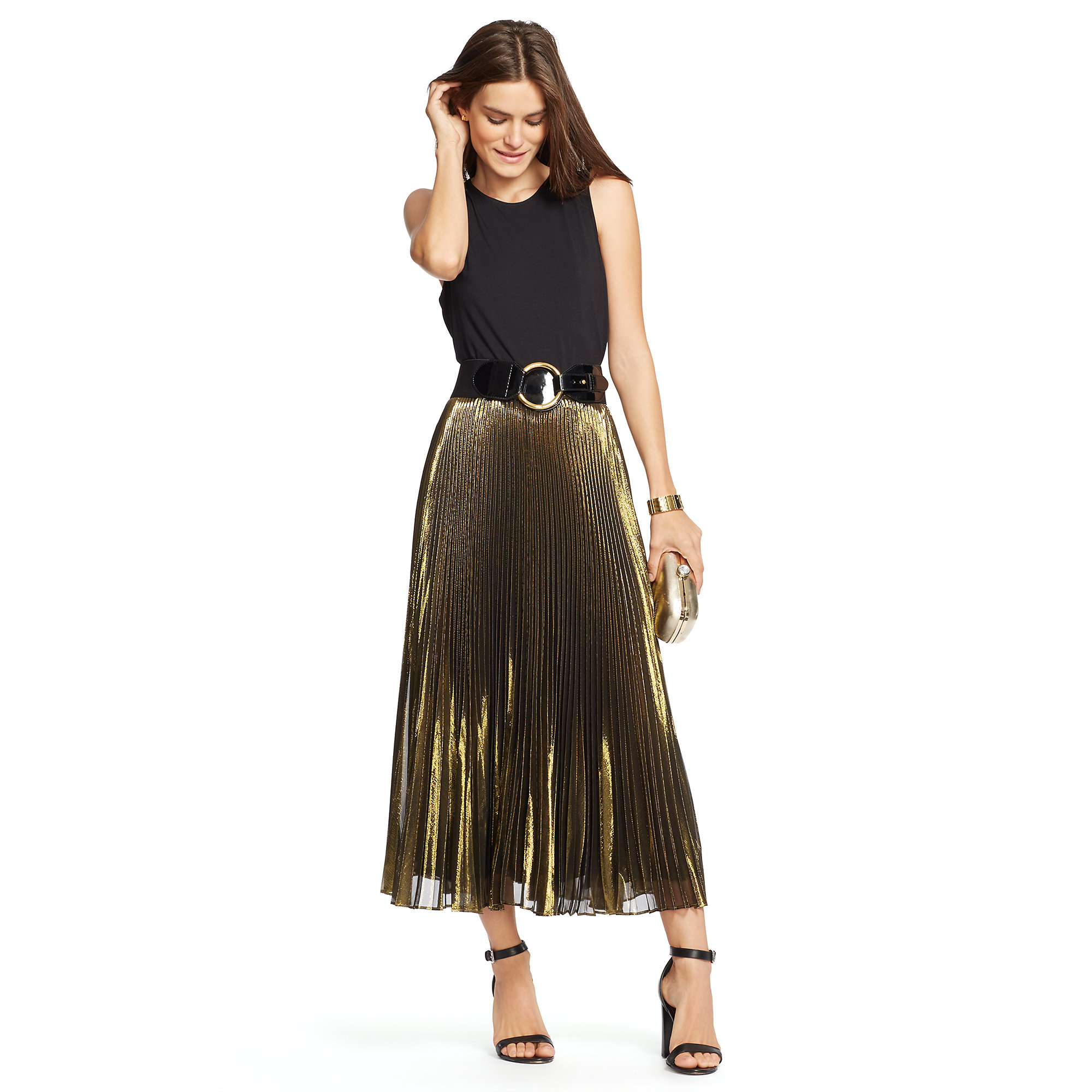 Ralph Lauren Silk Lamé Pleated Skirt in Gold (Metallic) - Lyst