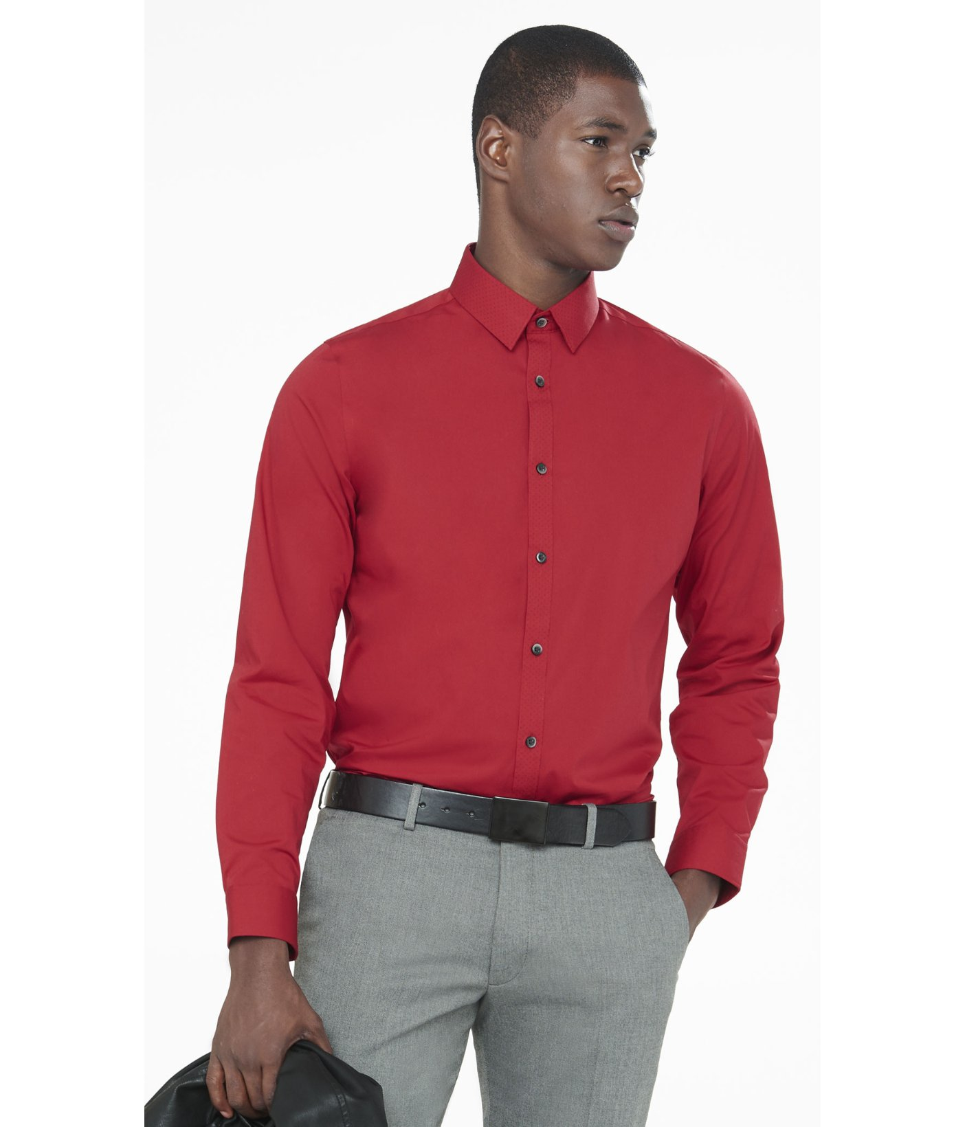 red shirt and gray pants