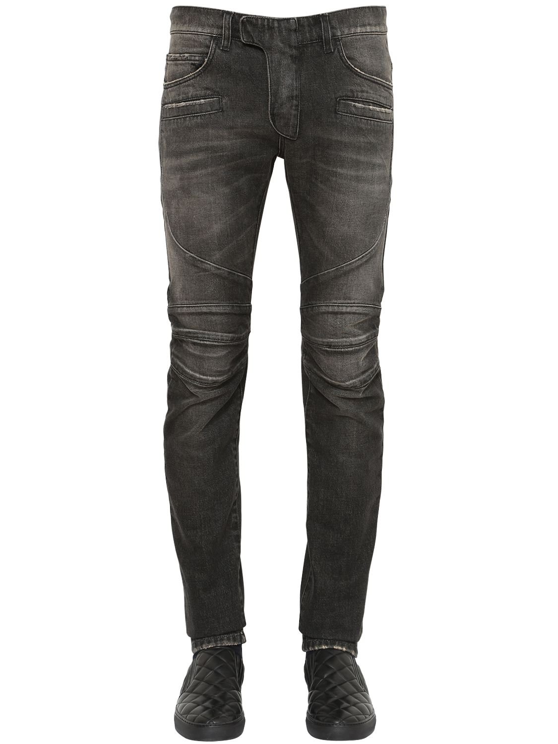 Balmain 17cm Biker Washed Cotton Denim Jeans in Black | Lyst