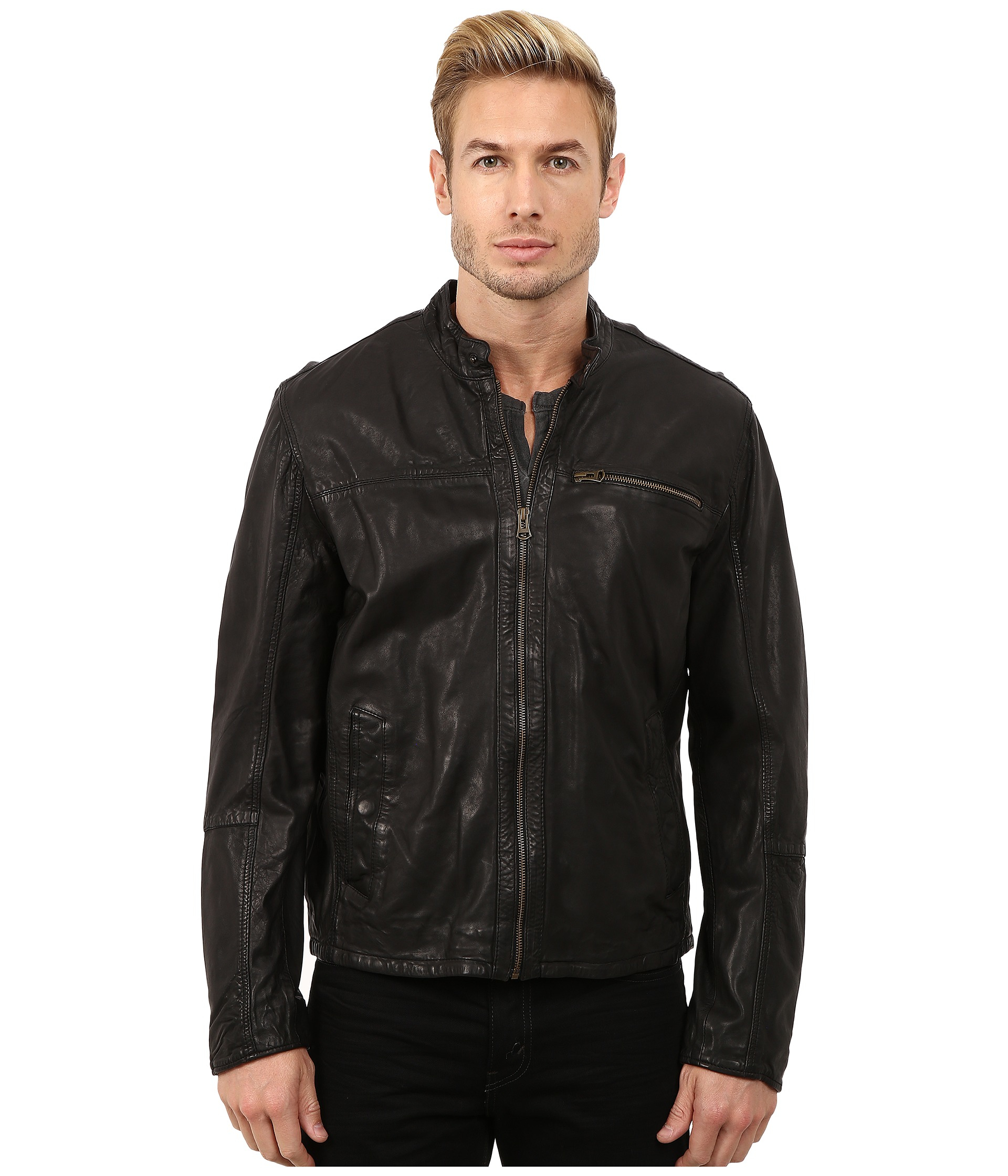Lyst Cole Haan Washed Vintage Lamb Moto Jacket In Black For Men Gallery