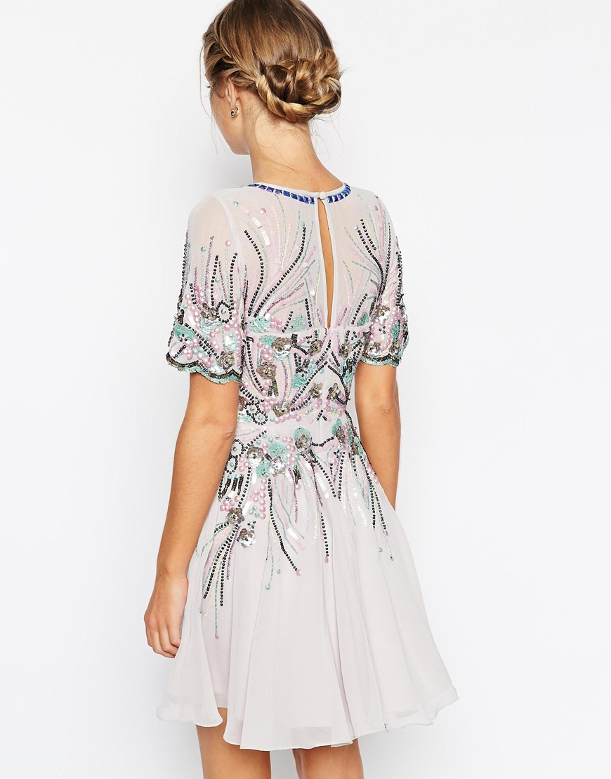 asos gold and navy sparkle mesh skater dress