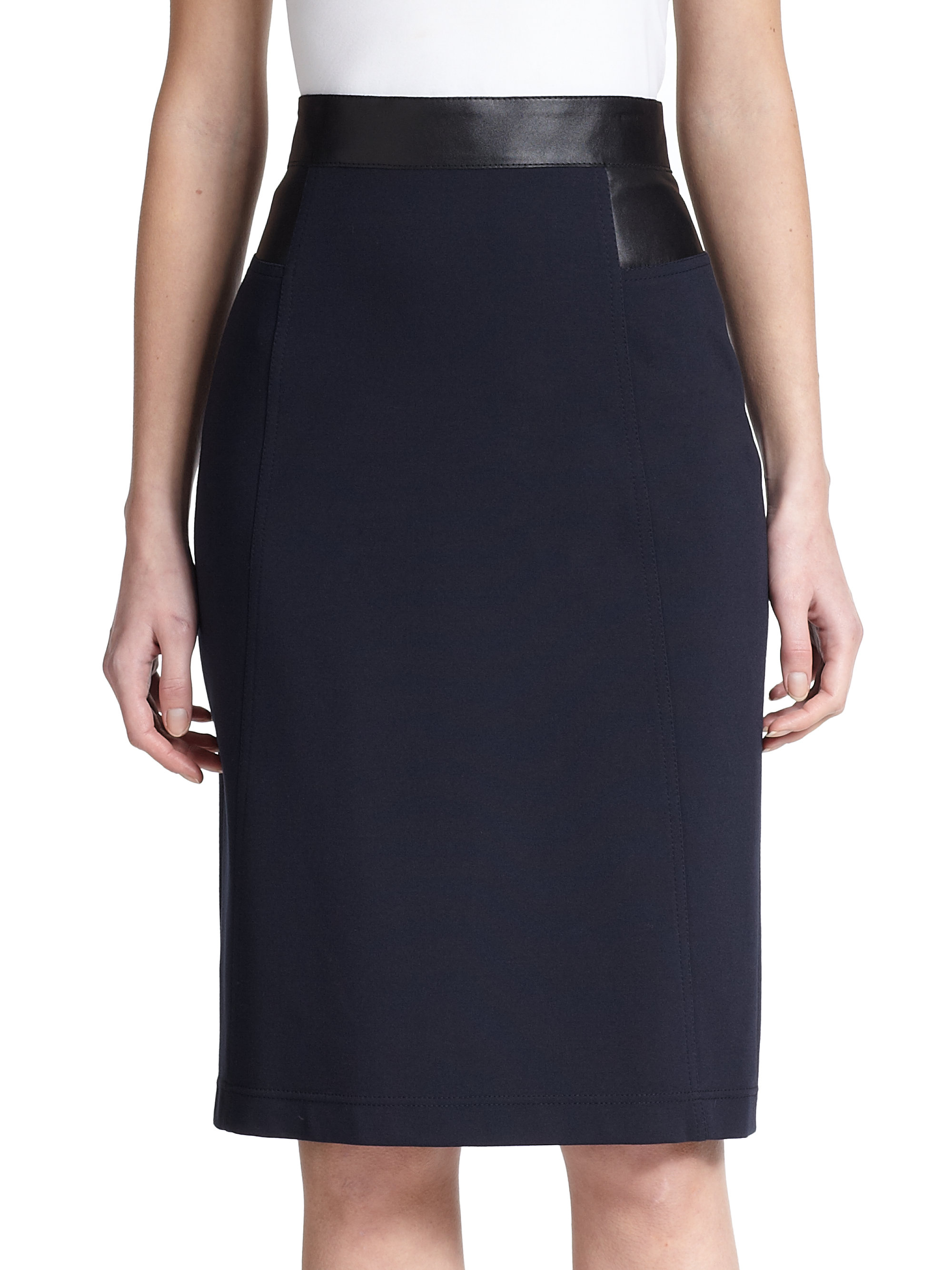 Akris punto Leather-Trim Jersey Pencil Skirt in Blue | Lyst