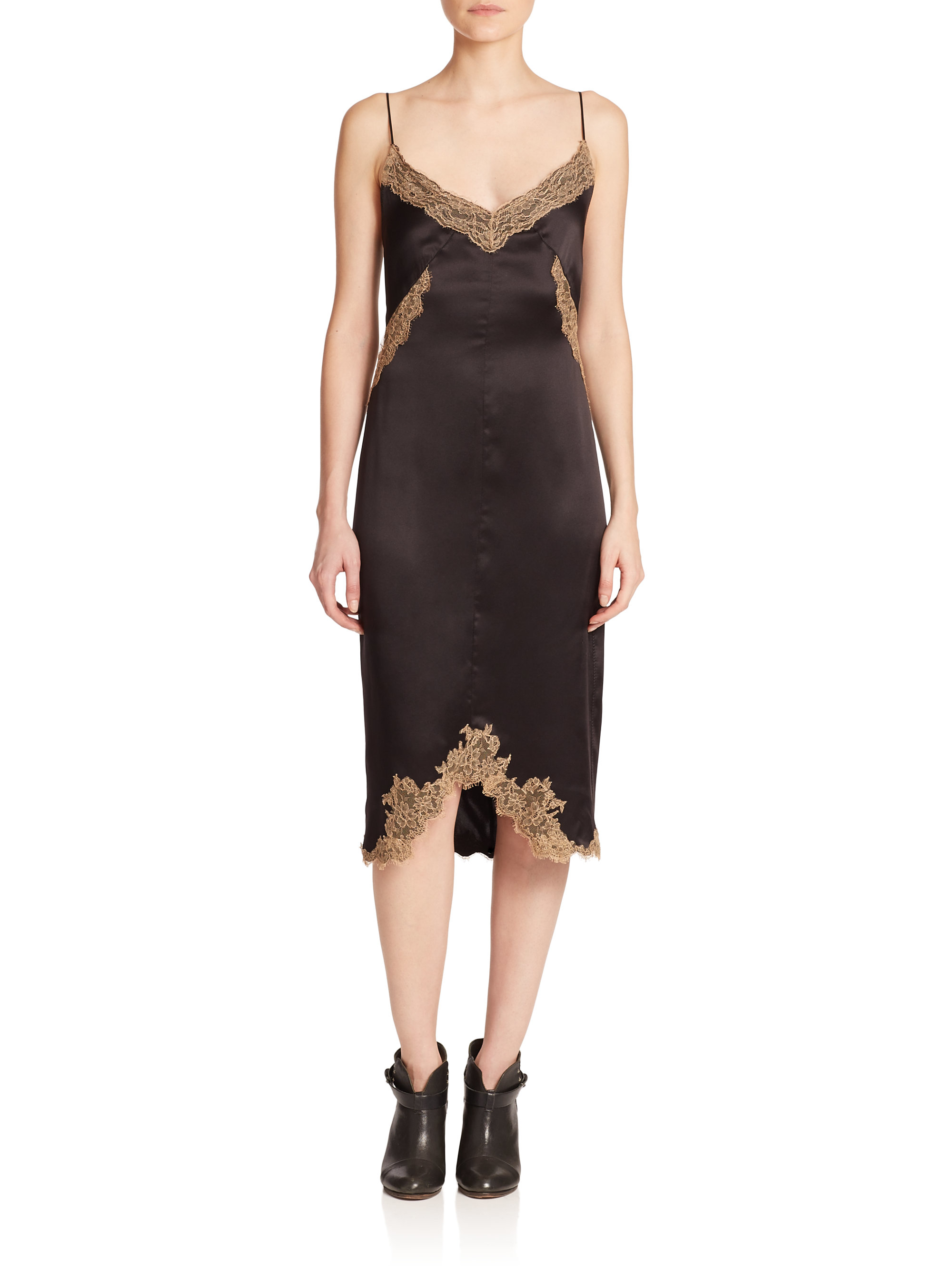 Rag & Bone Izabella Lace-trim Silk Dress in Brown | Lyst