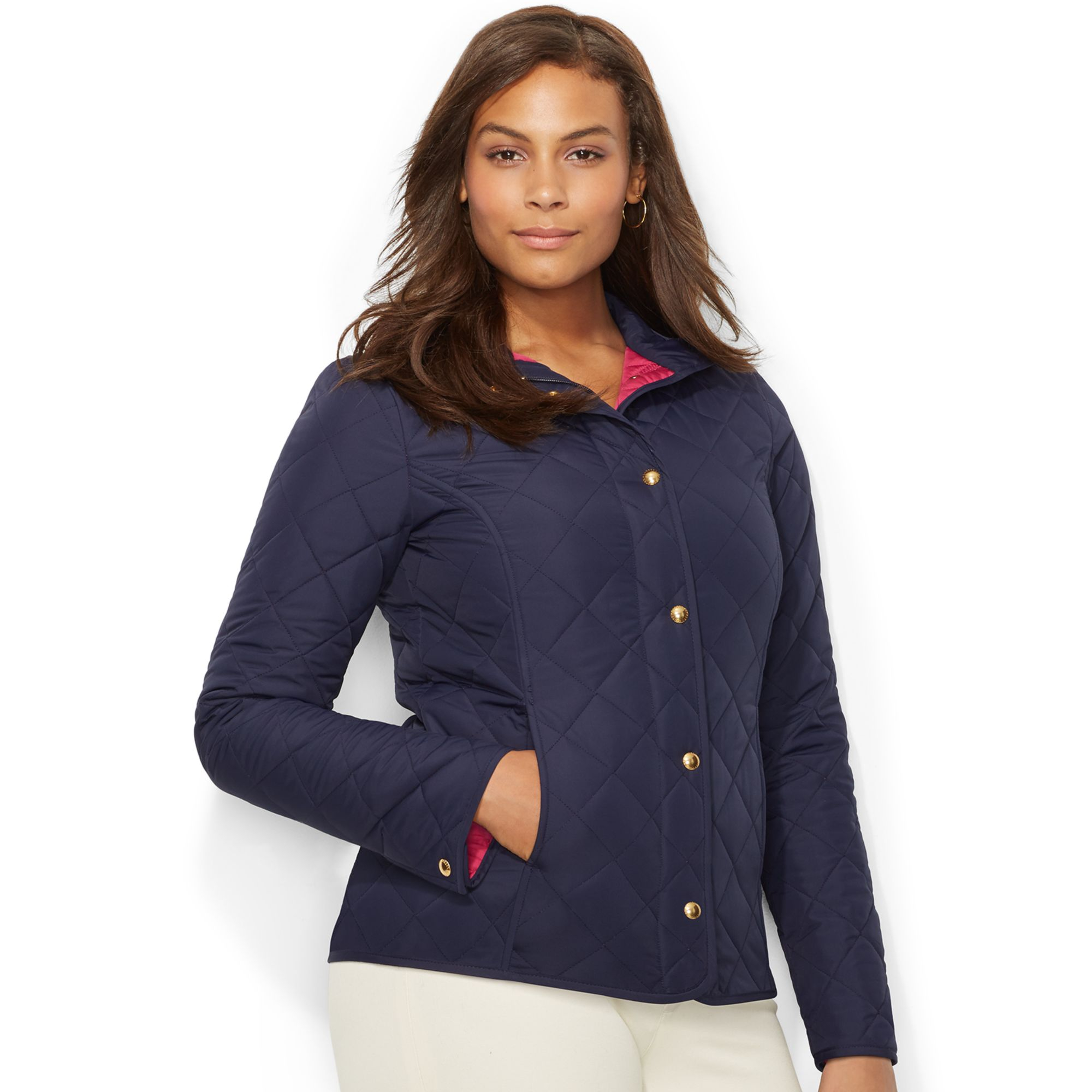 Lauren ralph lauren Plus Size Quilted Jacket in Blue (Navy/ Pink) | Lyst