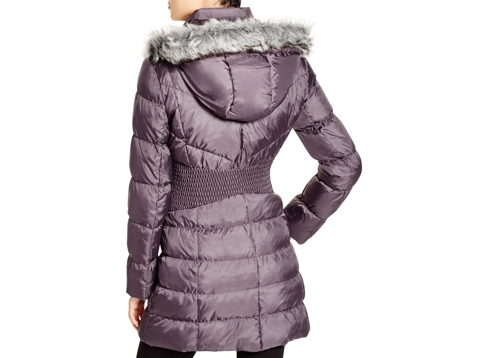 purple puffer jacket with fur hood
