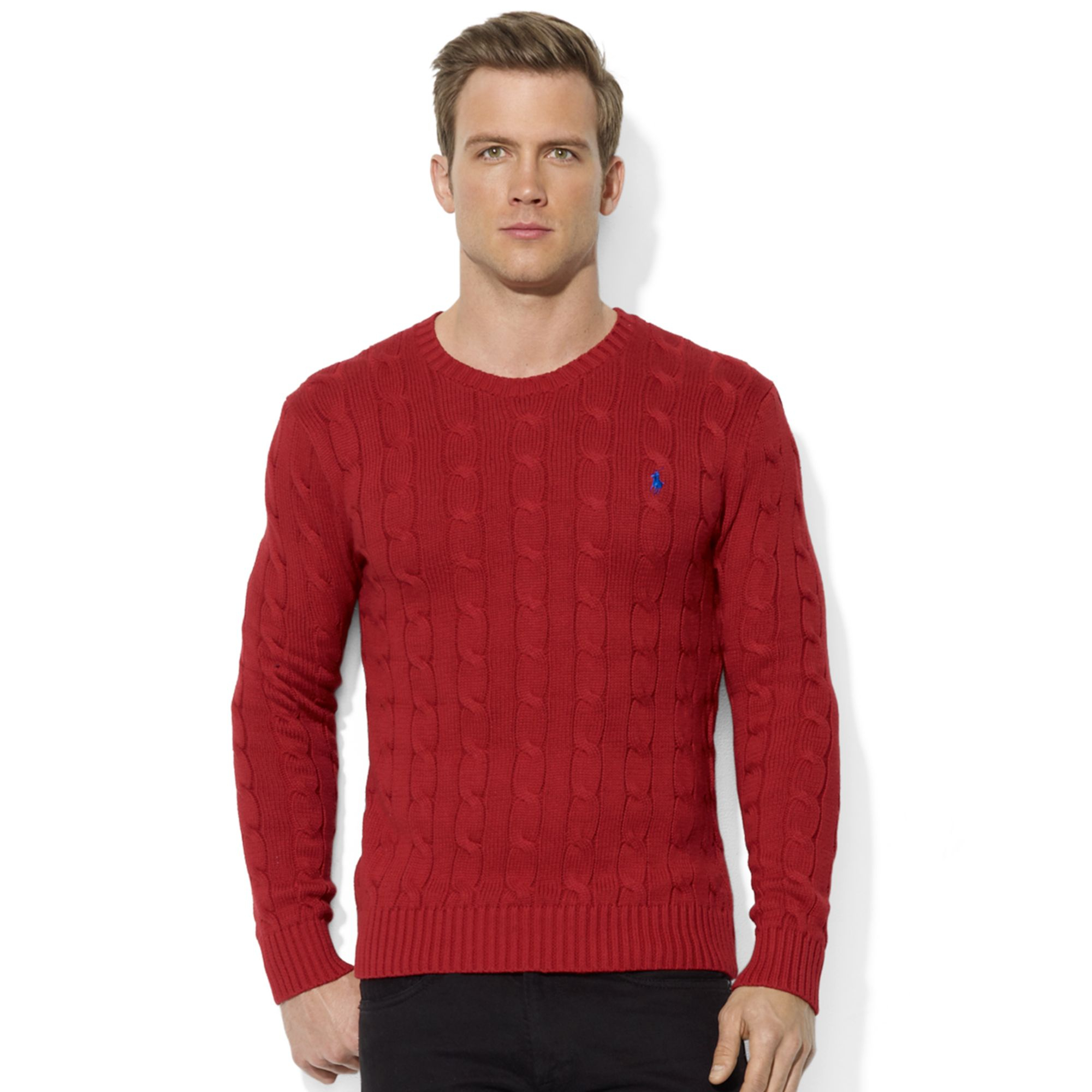 Lyst - Ralph lauren Roving Crew Neck Cable Cotton Sweater in Red for Men
