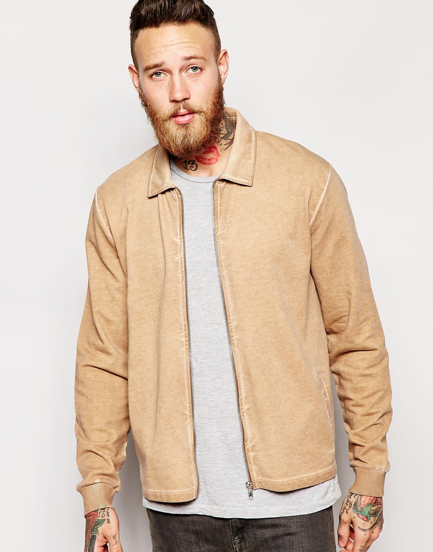 Download ASOS Jersey Harrington Jacket With Oil Wash in Camel ...