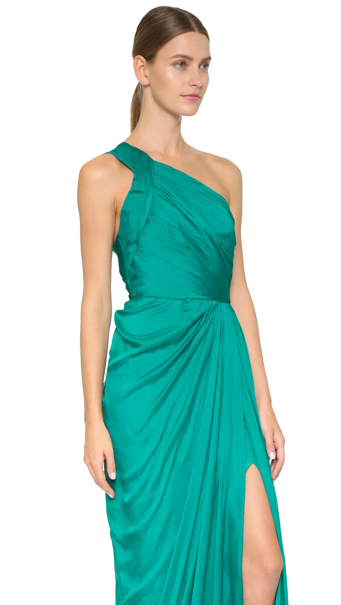 Lyst - Monique Lhuillier One Shoulder Draped Gown - Emerald in Green