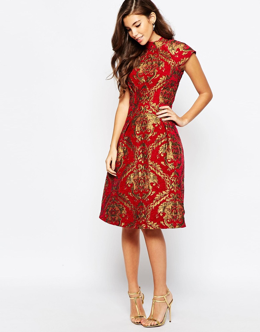 Chi Chi London High Neck Baroque Print Structured Skater Dress | Lyst