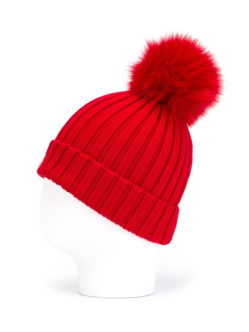Moncler Bobble Top Beanie in Red - Lyst