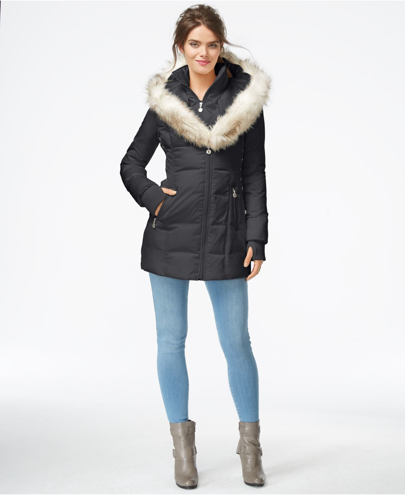 Betsey Johnson Faux-fur-hood Quilted Puffer Coat in Gray (Steel) | Lyst