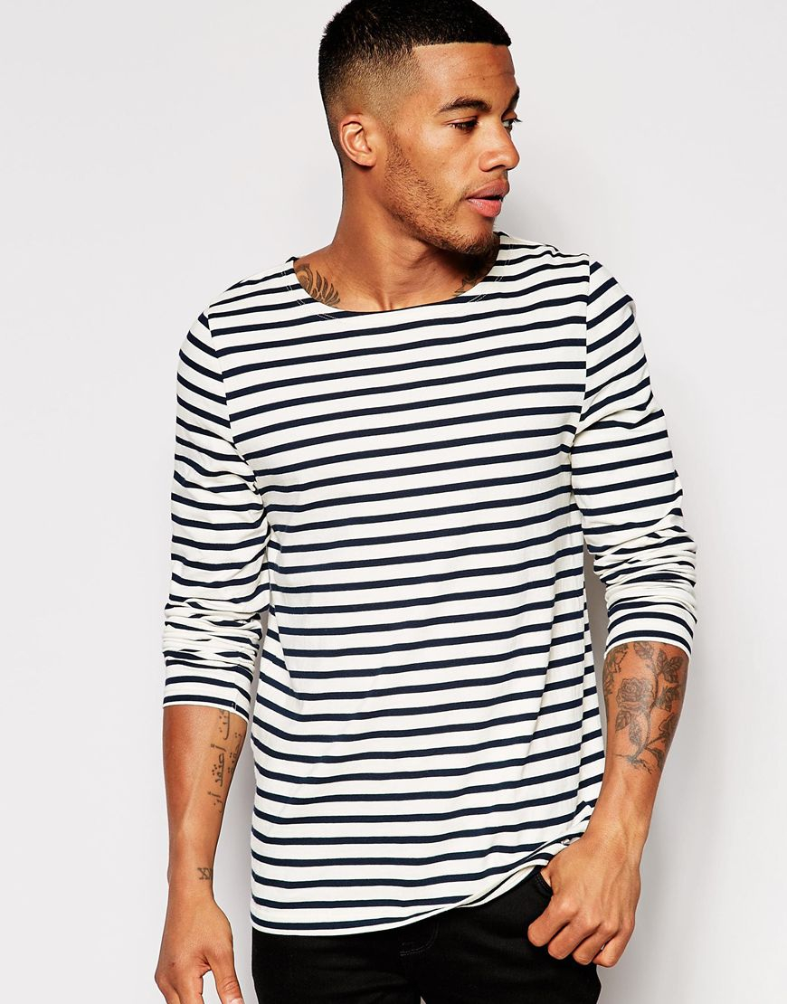 ASOS Stripe Long Sleeve T-shirt With Boat Neck in Black for Men | Lyst