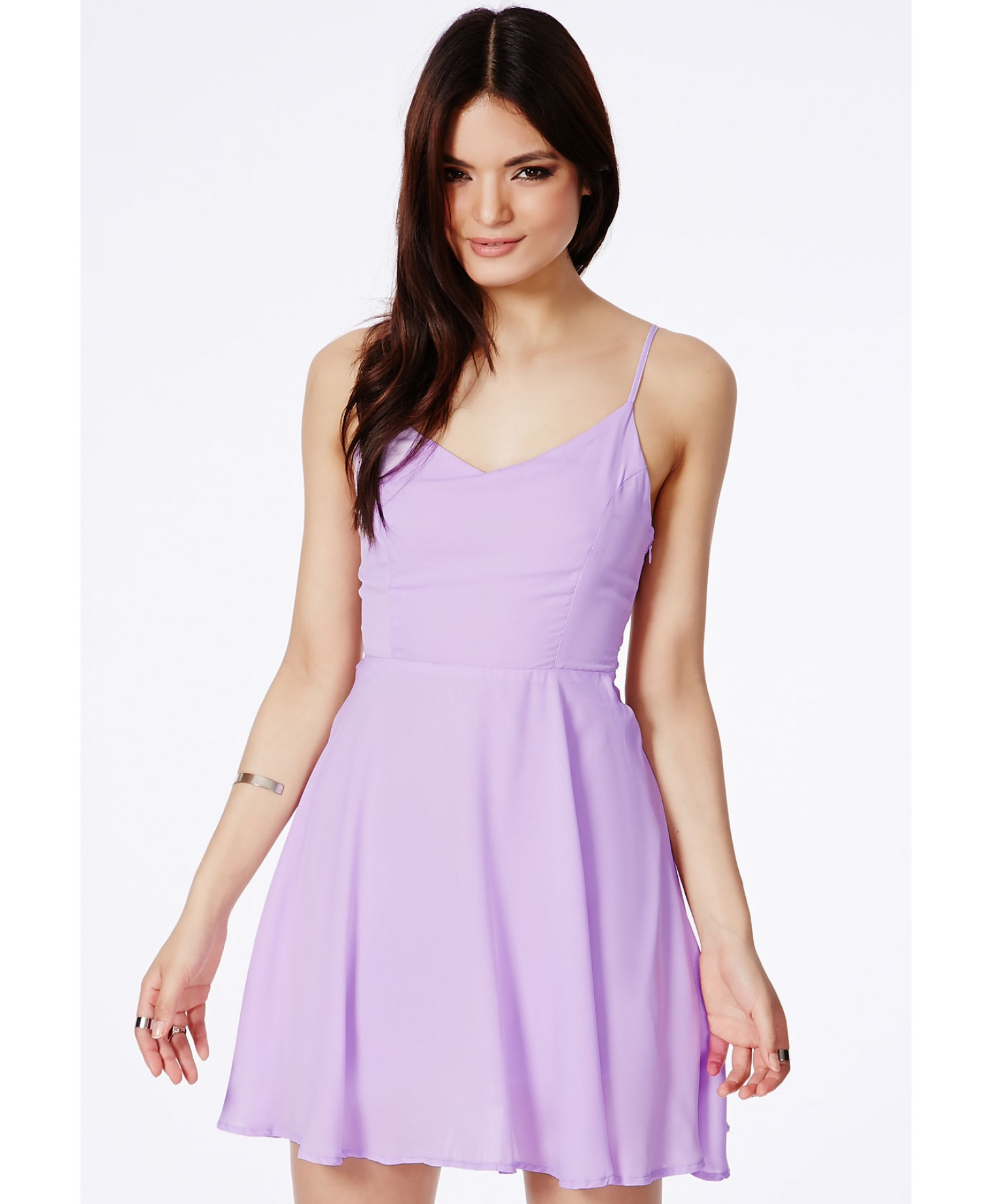 Missguided Paula Lilac Chiffon Caged Back Skater Dress in Purple (lilac)