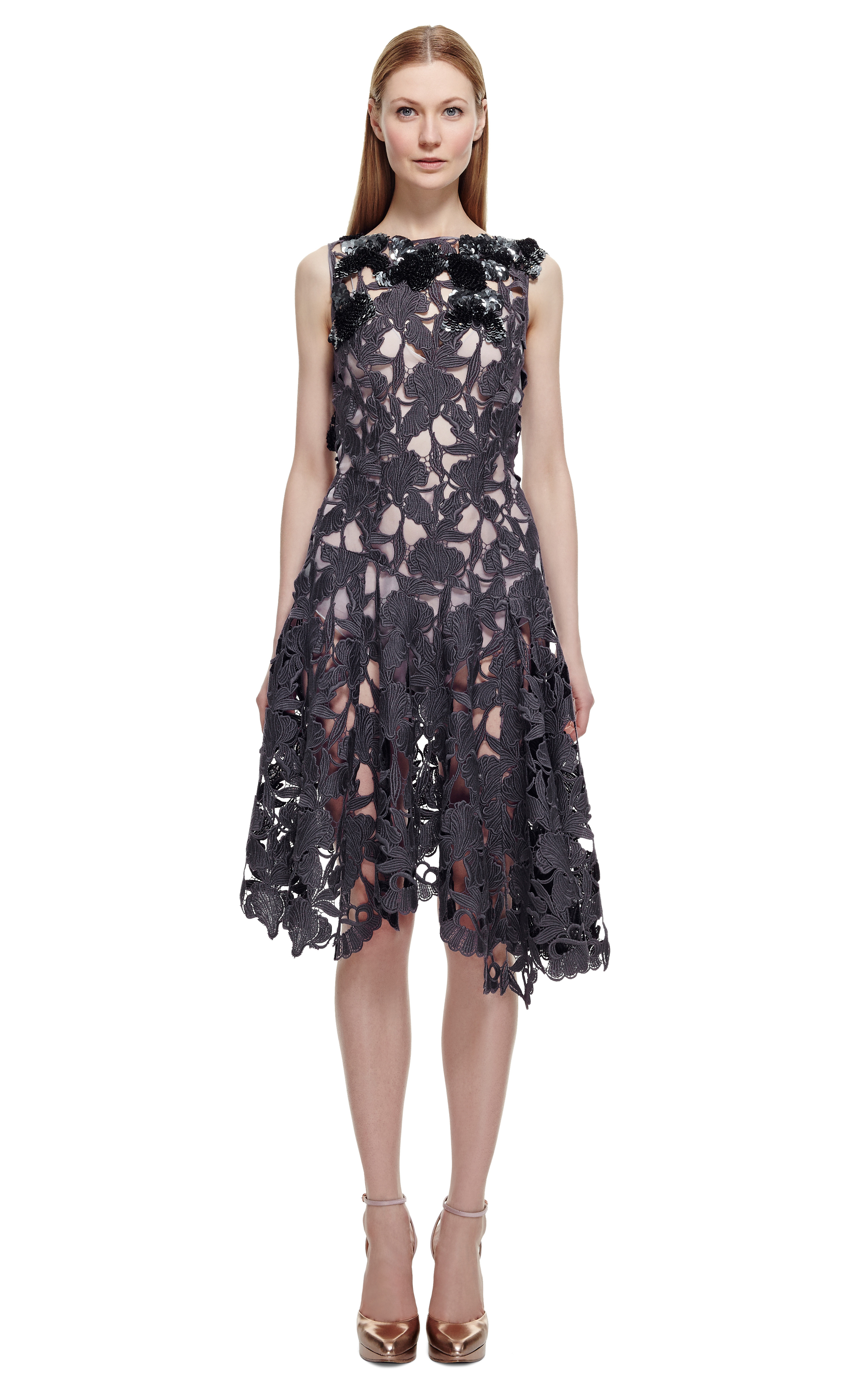 Nina ricci Embroidered Macrame Dress in Gray | Lyst