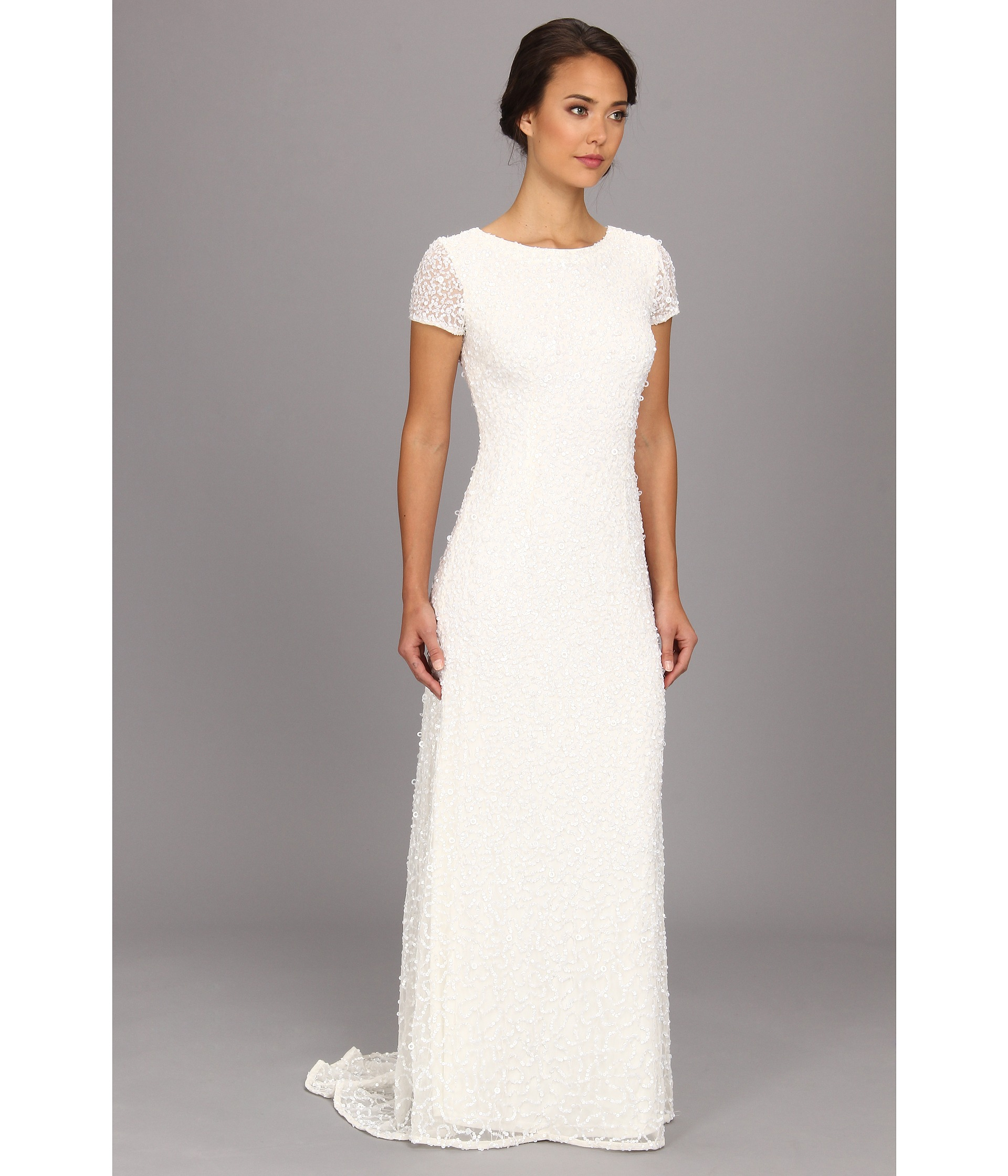 Adrianna Papell Synthetic Cap Sleeve Scoop Back Beaded Down Dress in Ivory  (White) | Lyst