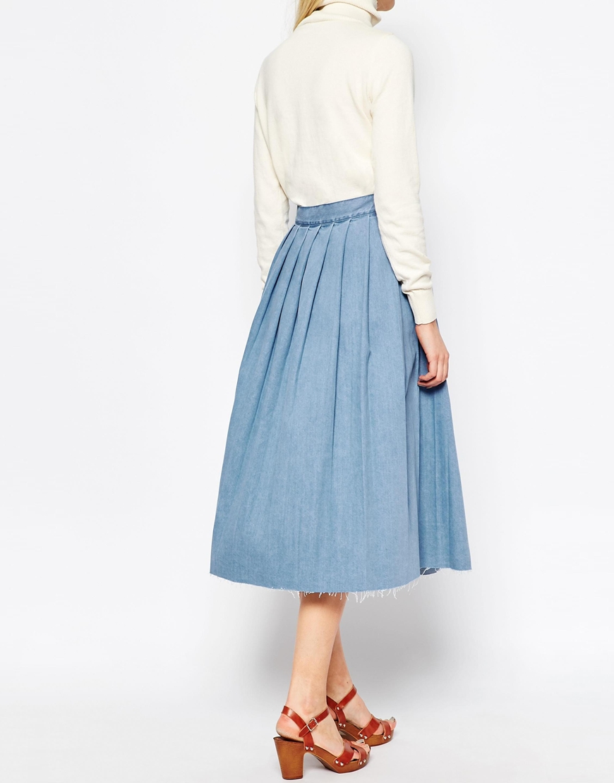 Asos Denim Pleated Raw Hem Midi Skirt In Blue in Blue Lyst