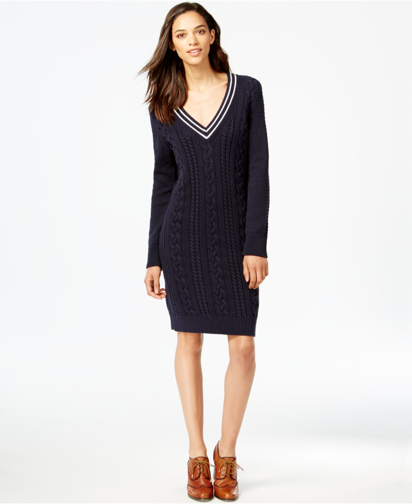 Lyst Tommy Hilfiger Cableknit Vneck Sweater Dress in Blue